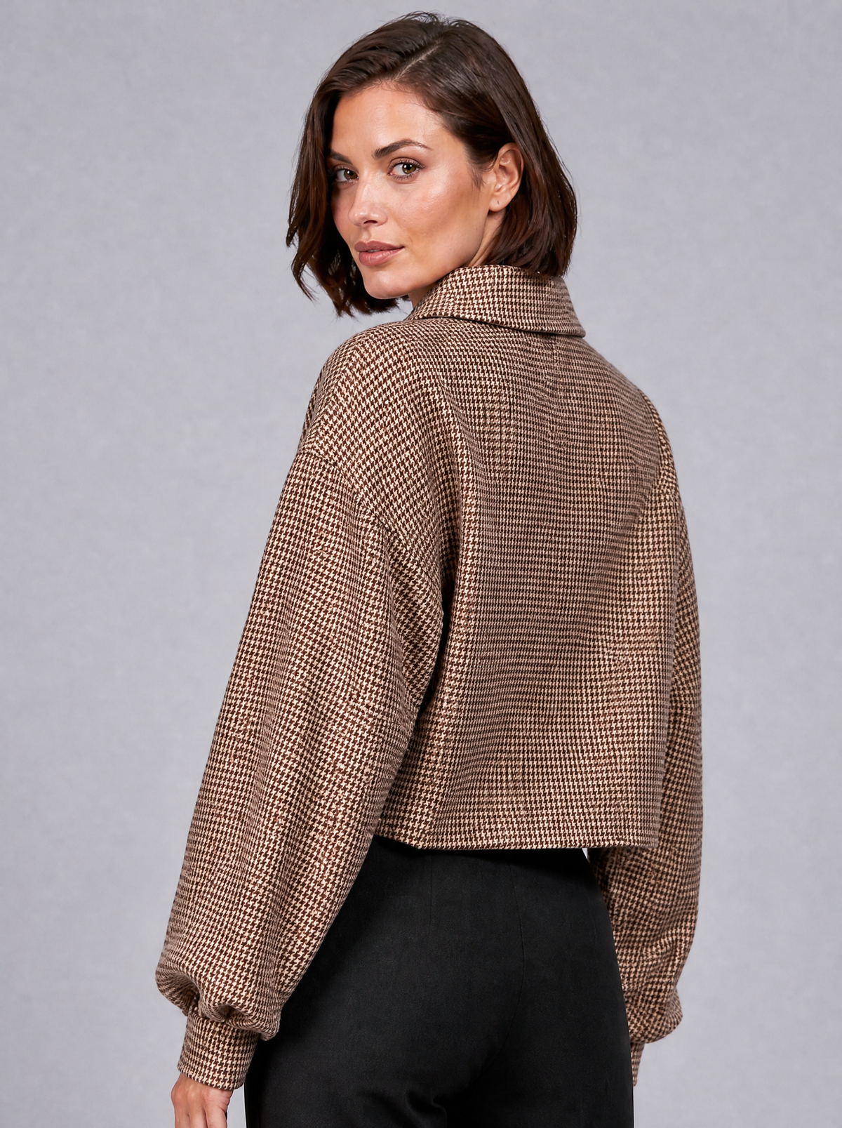 Women's Houndstooth Wool Blend Cropped Zip Coat Relaxed Fit