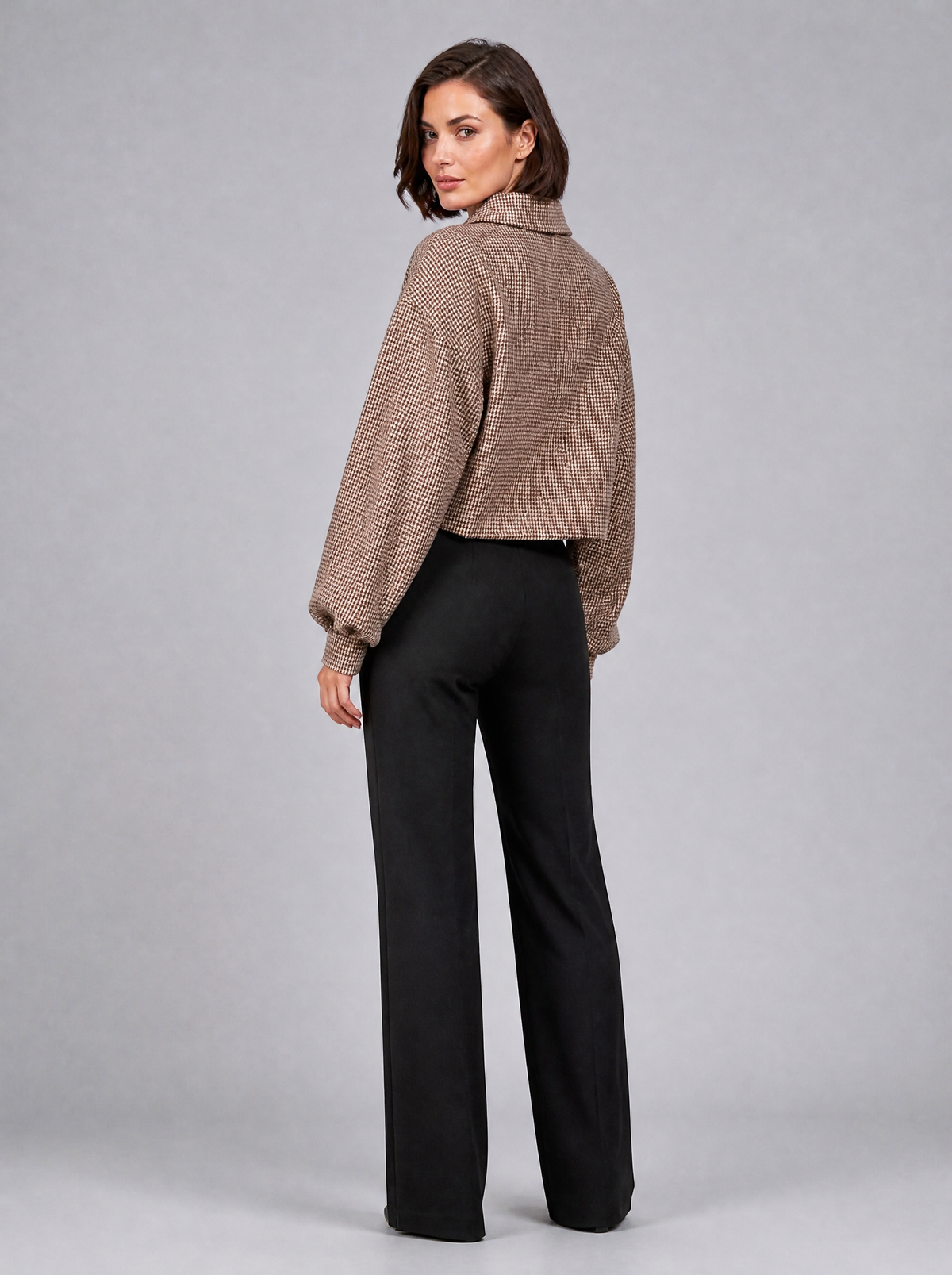 Women's Houndstooth Wool Blend Cropped Zip Coat Relaxed Fit