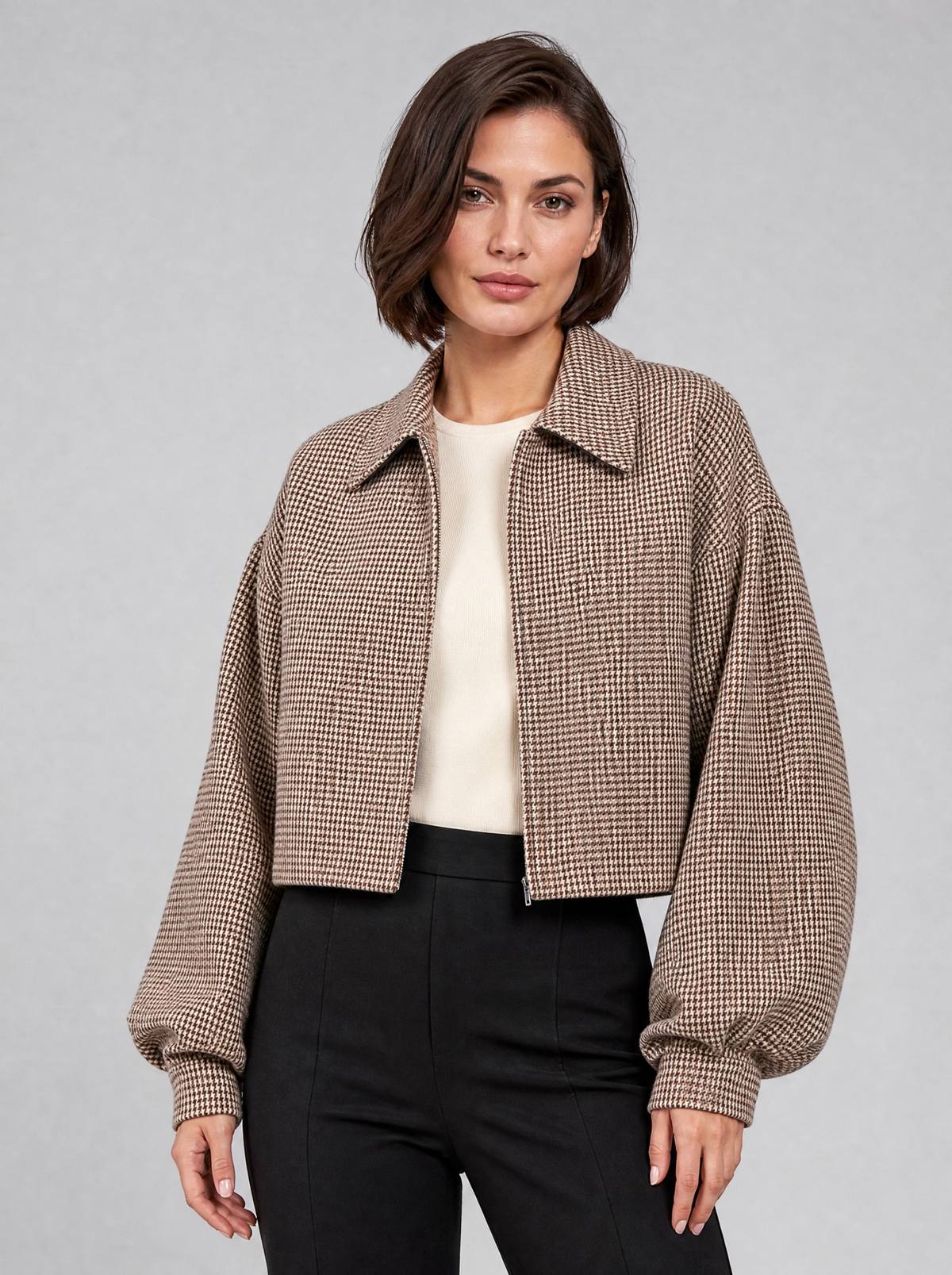 Women's Houndstooth Wool Blend Cropped Zip Coat Relaxed Fit