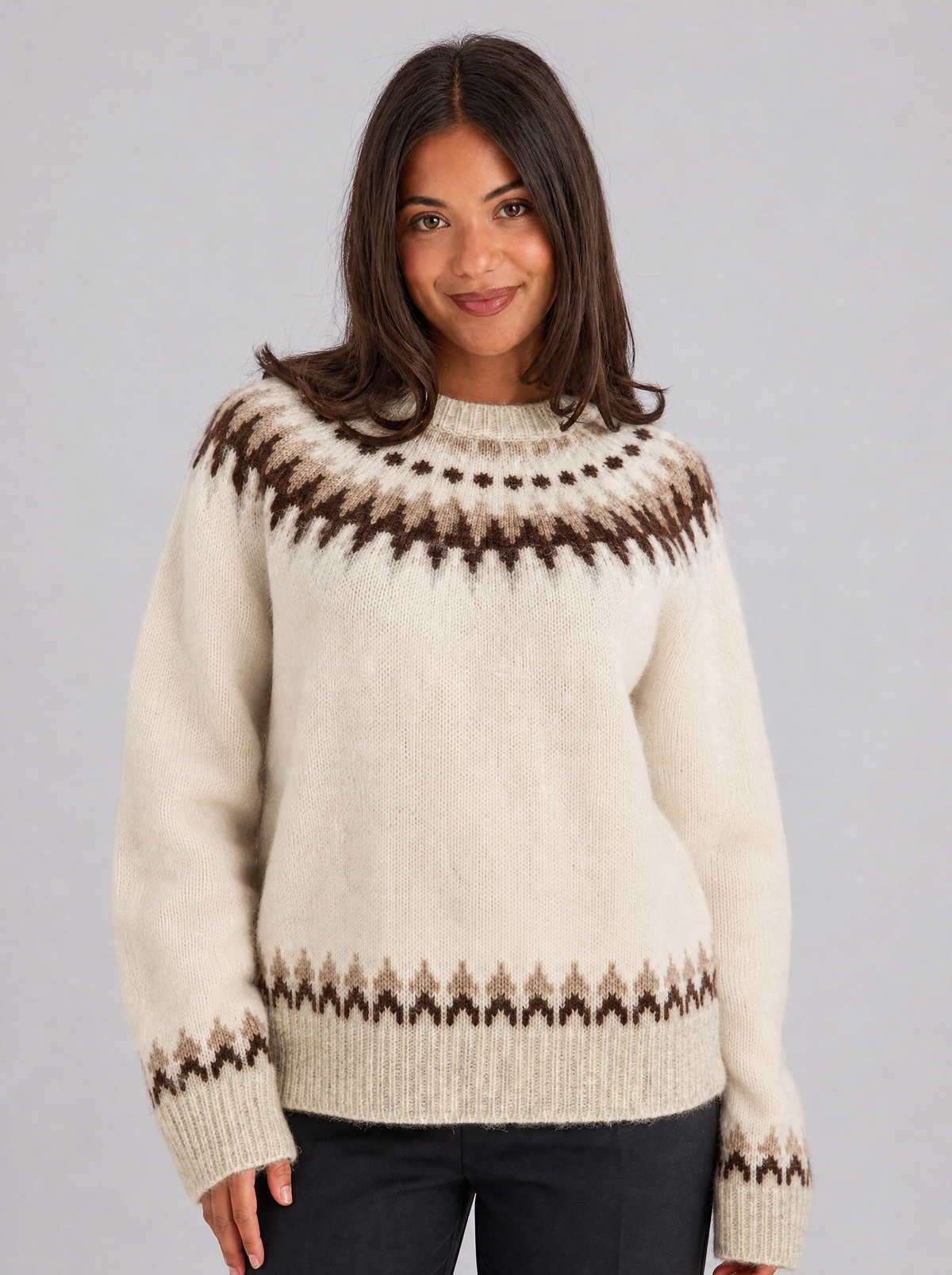 Women's Jacquard Fair Isle Crew Neck Relaxed Jumper - Cream colour view