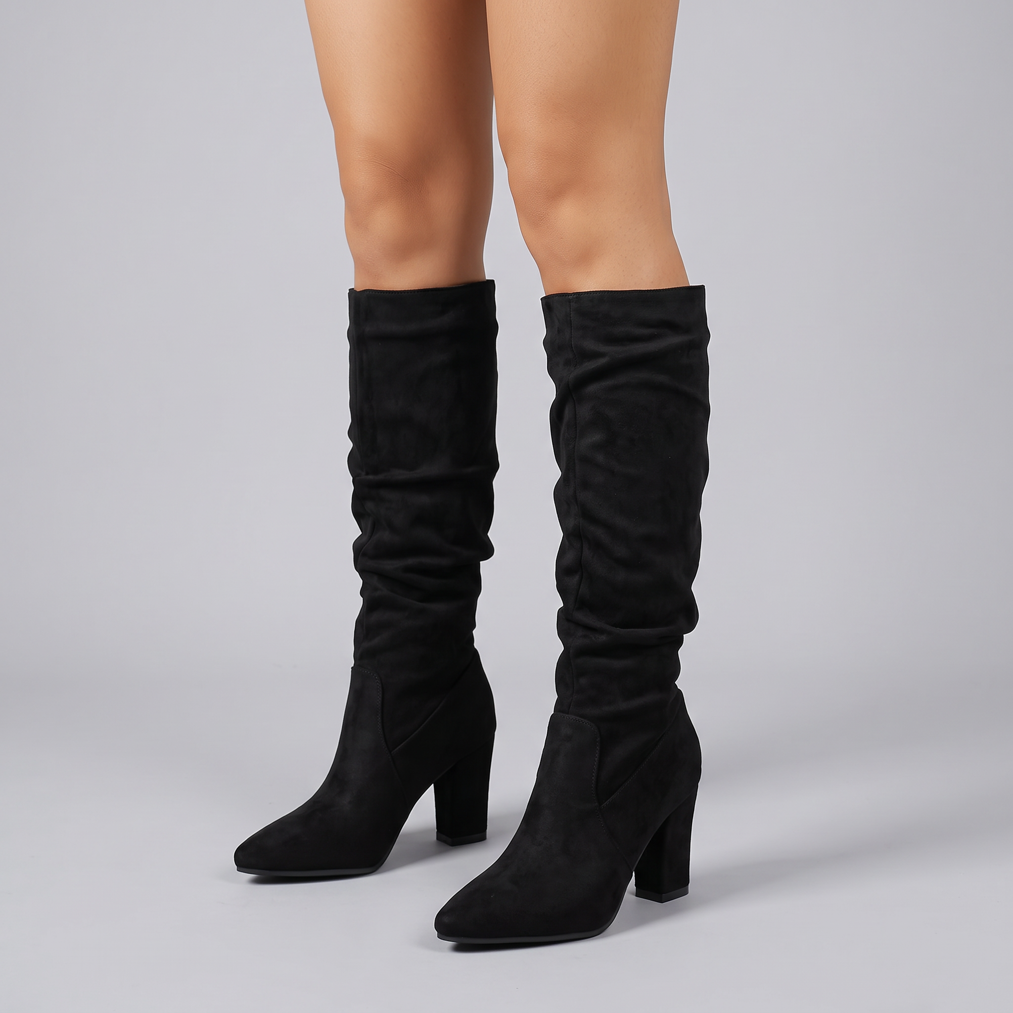 Women's Black Knee High Boots – Slouchy Suede Block Heel