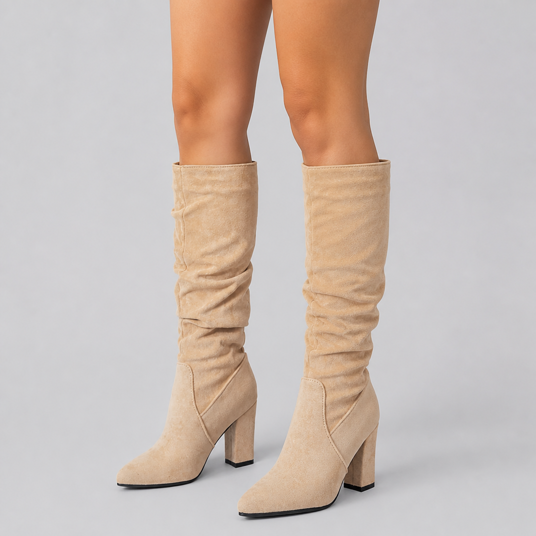 Women's Black Knee High Boots – Slouchy Suede Block Heel