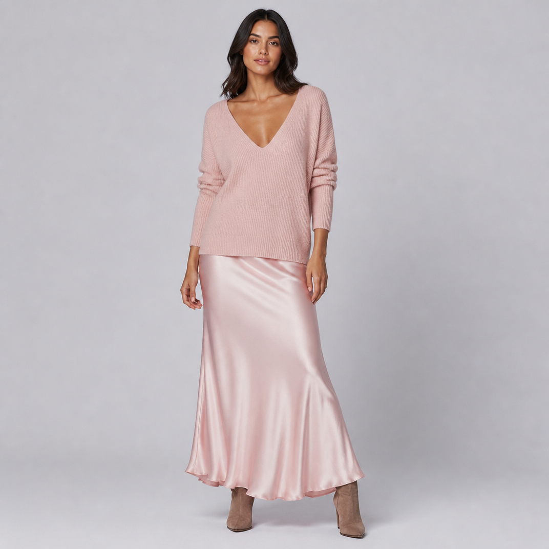 Women's Knit Satin V-Neck Hybrid Jumper Dress Maxi