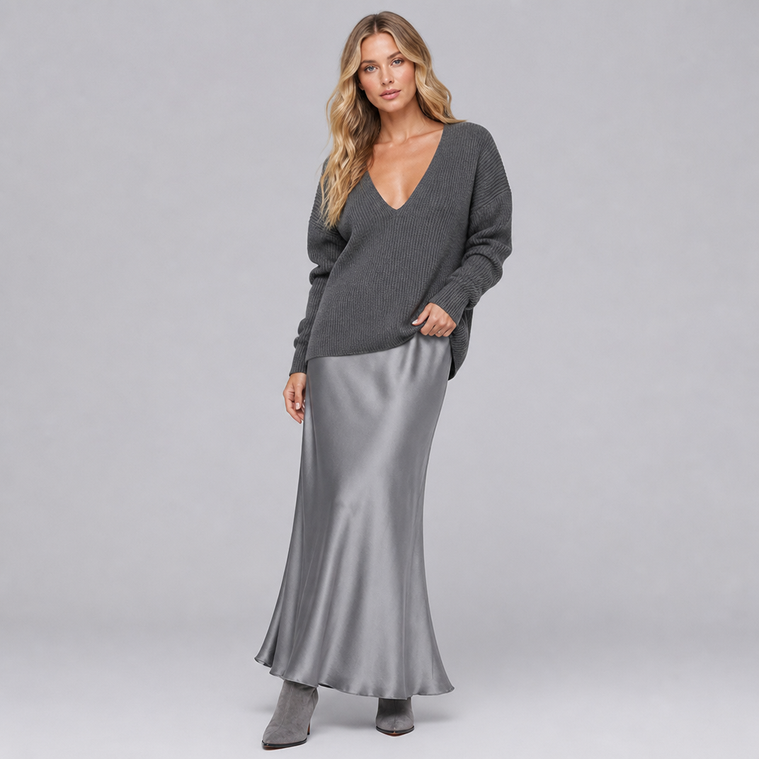 Women's Knit Satin V-Neck Hybrid Jumper Dress Maxi