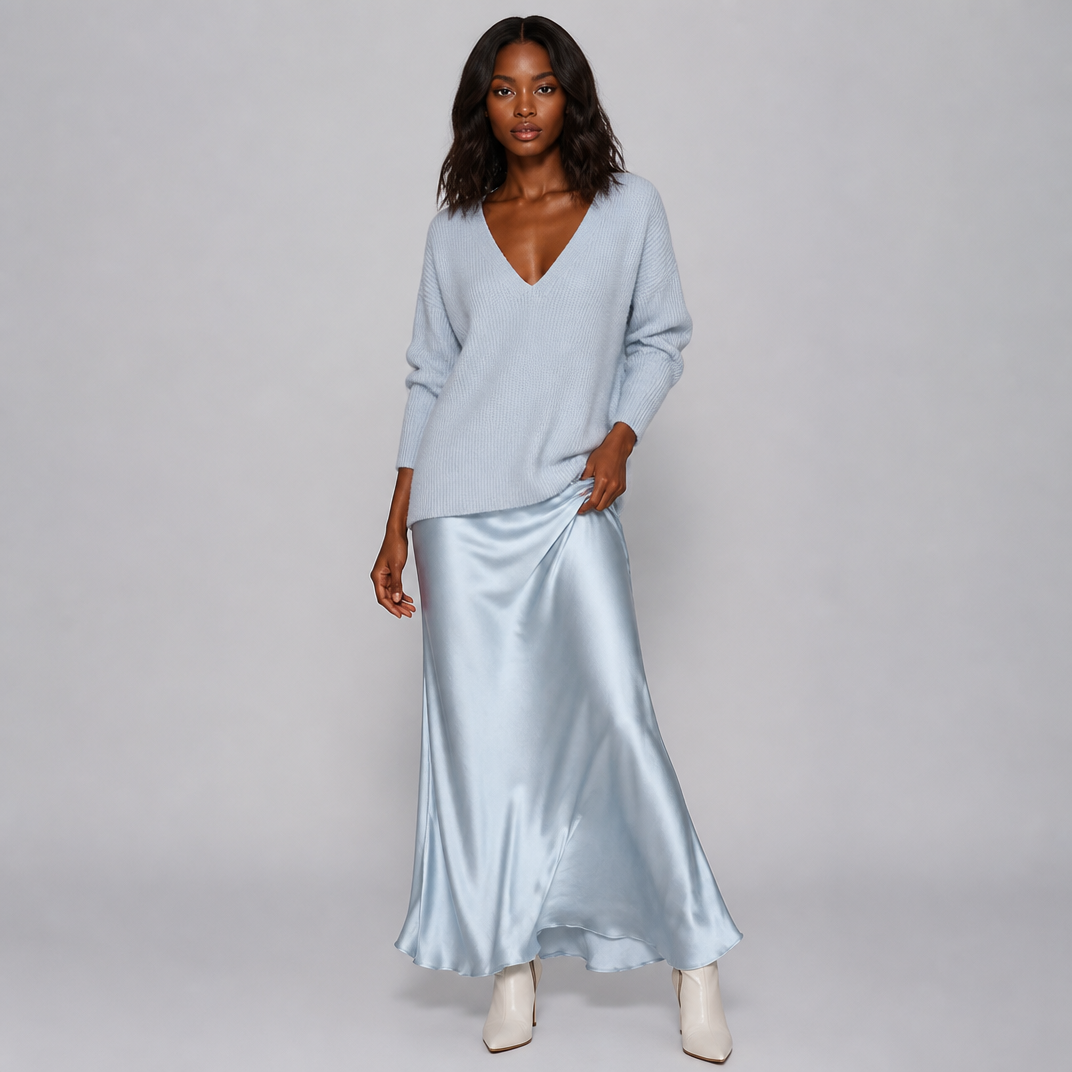 Women's Knit Satin V-Neck Hybrid Jumper Dress Maxi