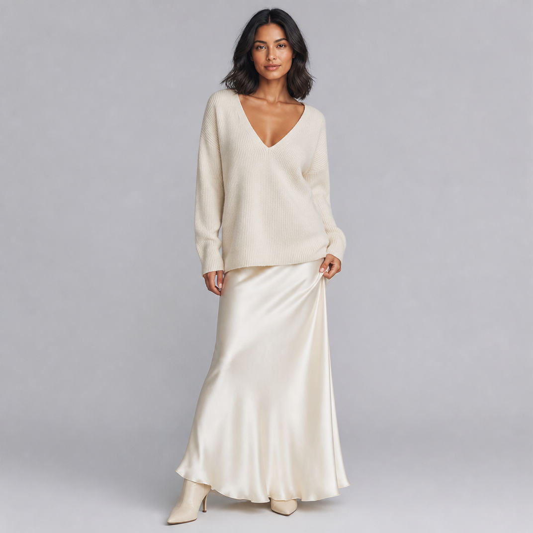 Women's Knit Satin V-Neck Hybrid Jumper Dress Maxi