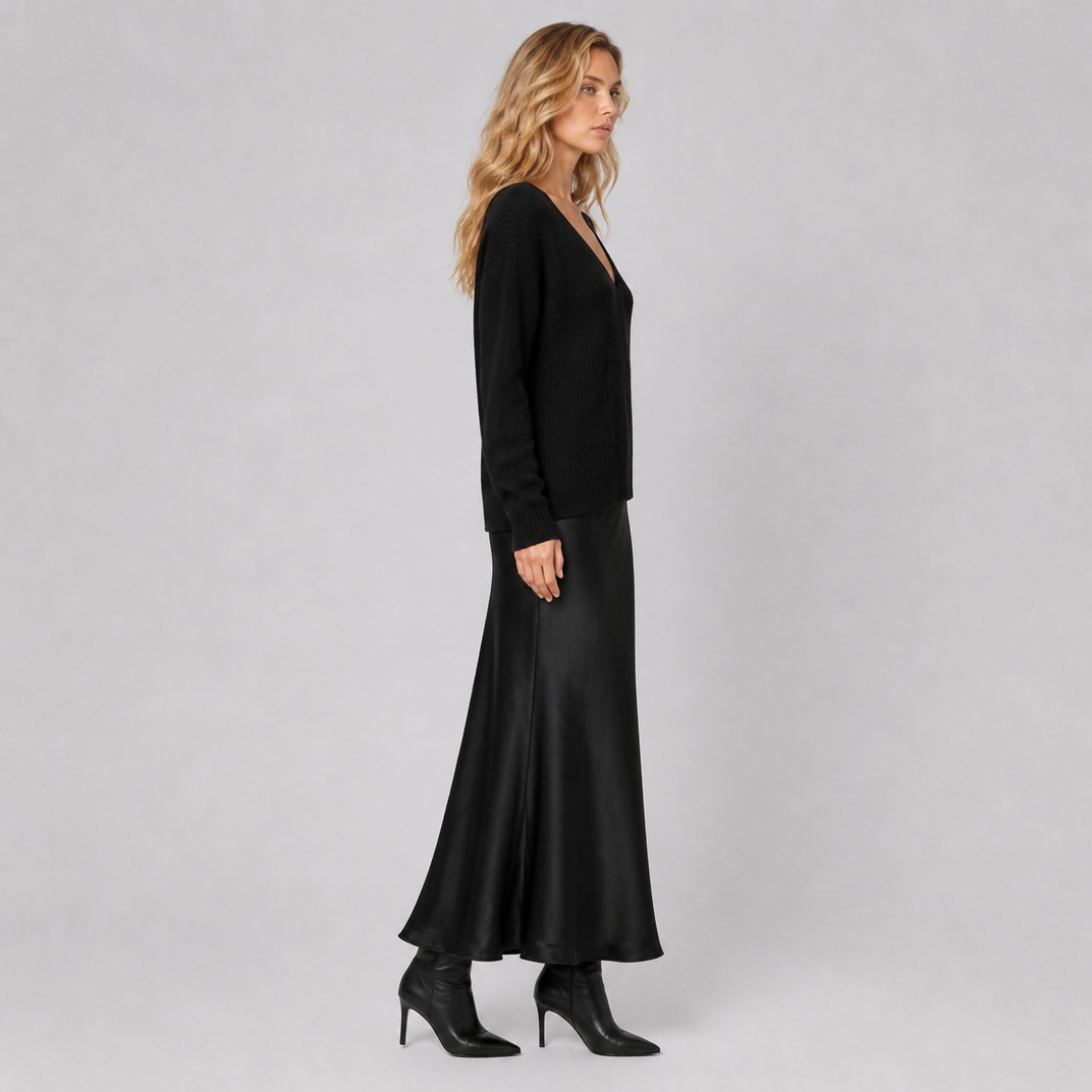 Women's Knit Satin V-Neck Hybrid Jumper Dress Maxi