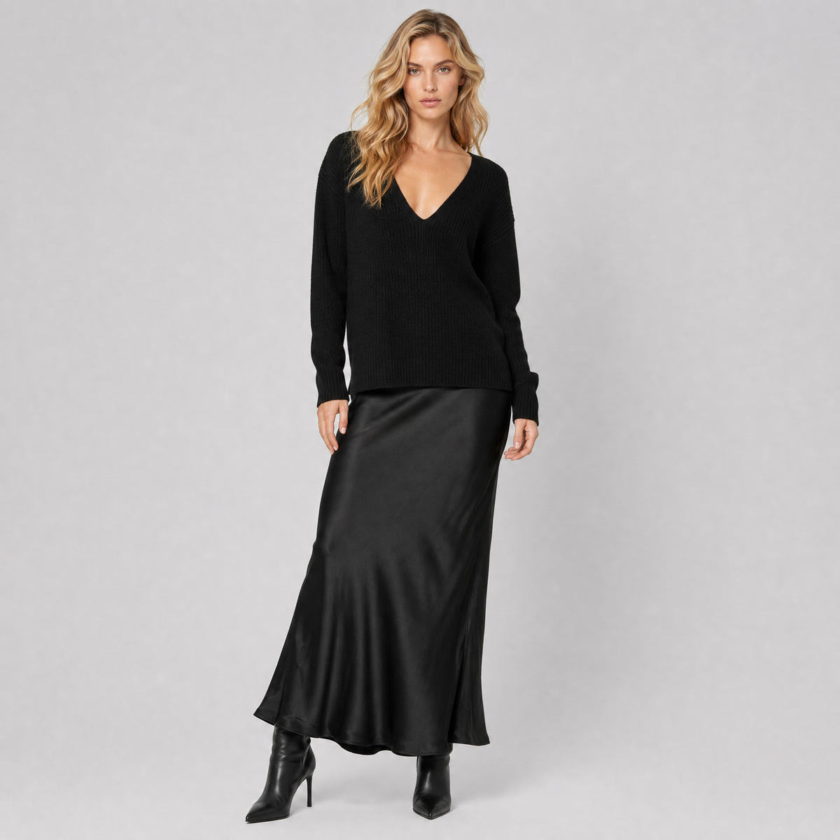 Women's Knit Satin V-Neck Hybrid Jumper Dress Maxi