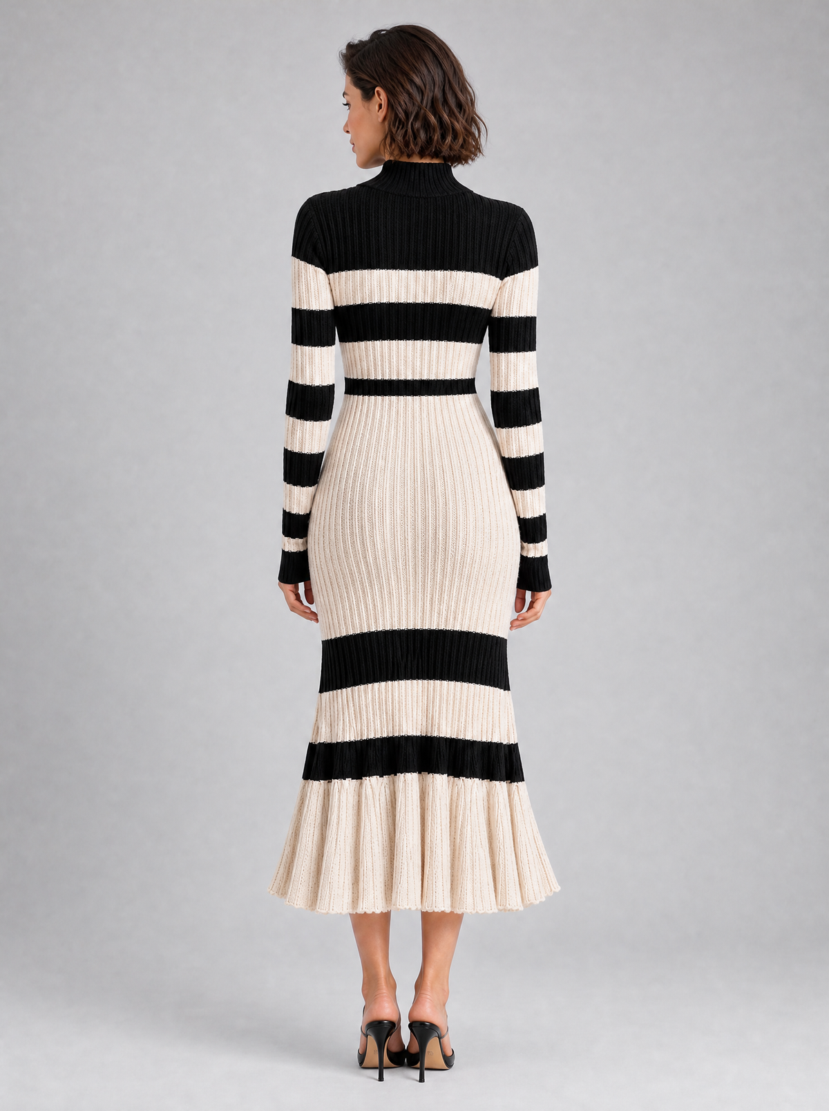 Women's Knit Striped Turtleneck Flared Jumper Dress Midi