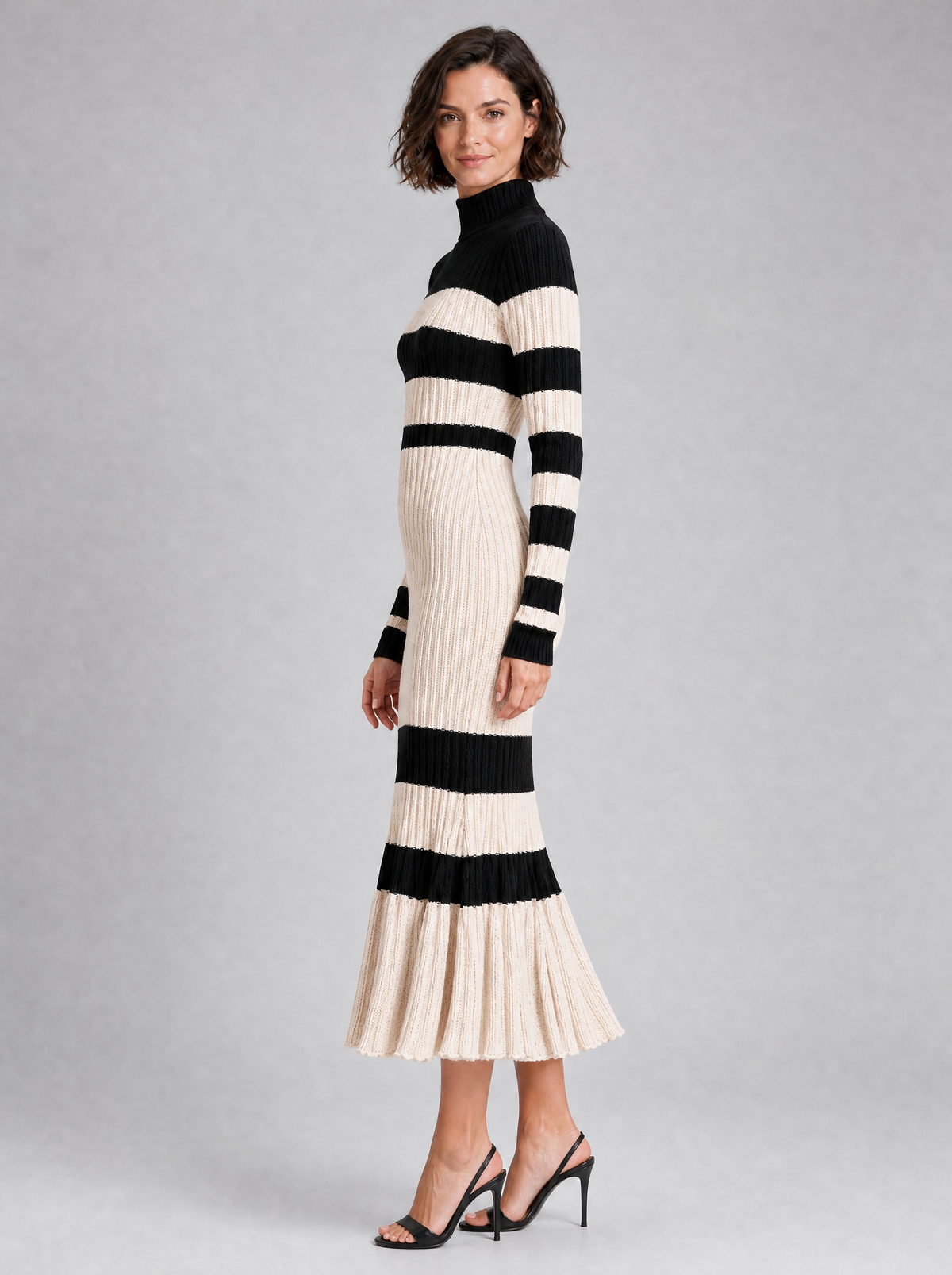 Women's Knit Striped Turtleneck Flared Jumper Dress Midi