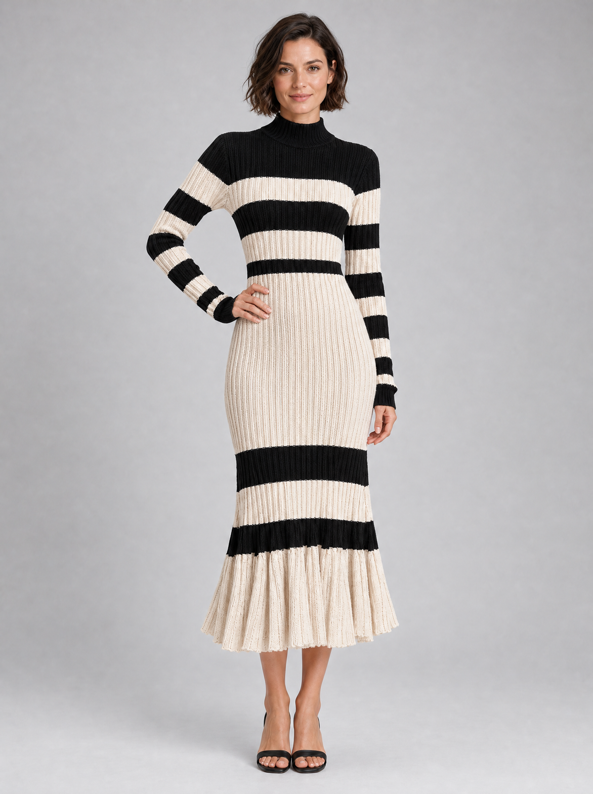 Women's Knit Striped Turtleneck Flared Jumper Dress Midi