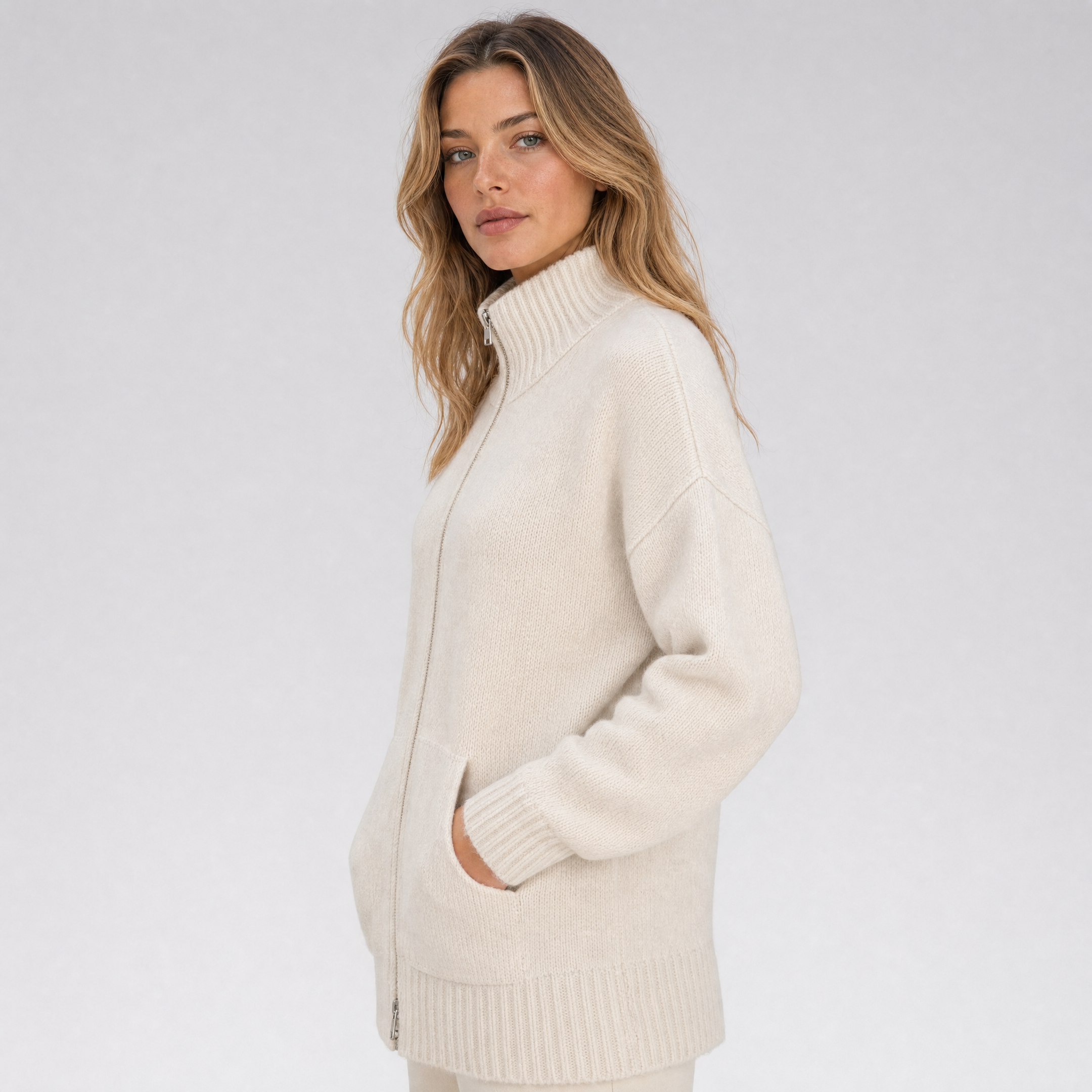 Womens Knitted Jumper – High Neck Zip Up Cardigan