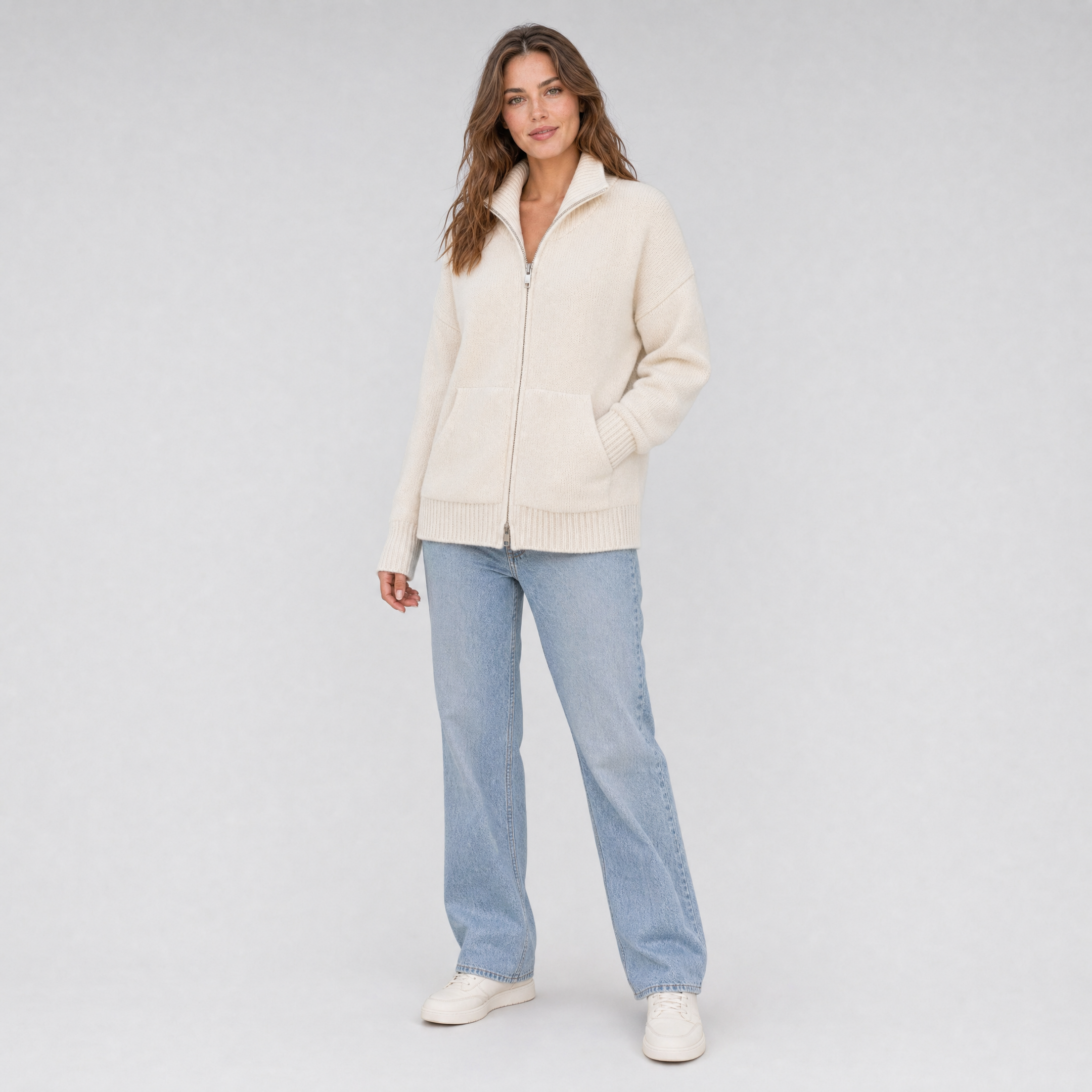 Womens Knitted Jumper – High Neck Zip Up Cardigan