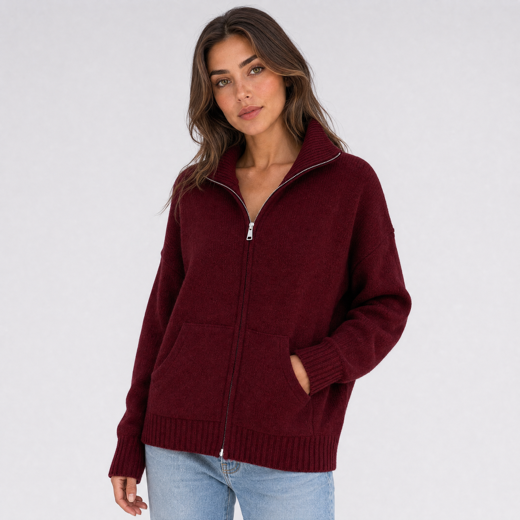 Womens Knitted Jumper – High Neck Zip Up Cardigan