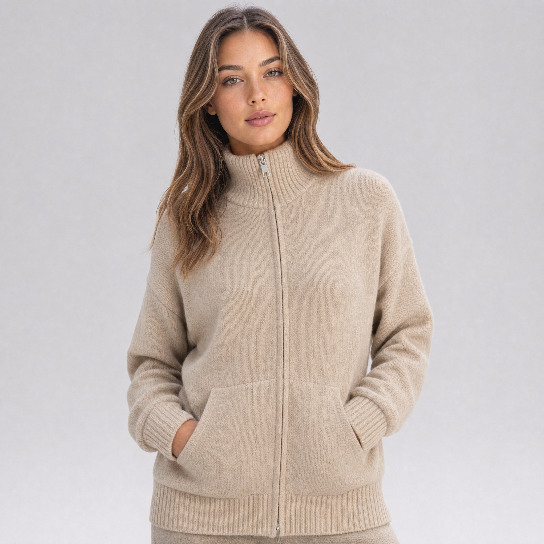 Womens Knitted Jumper – High Neck Zip Up Cardigan