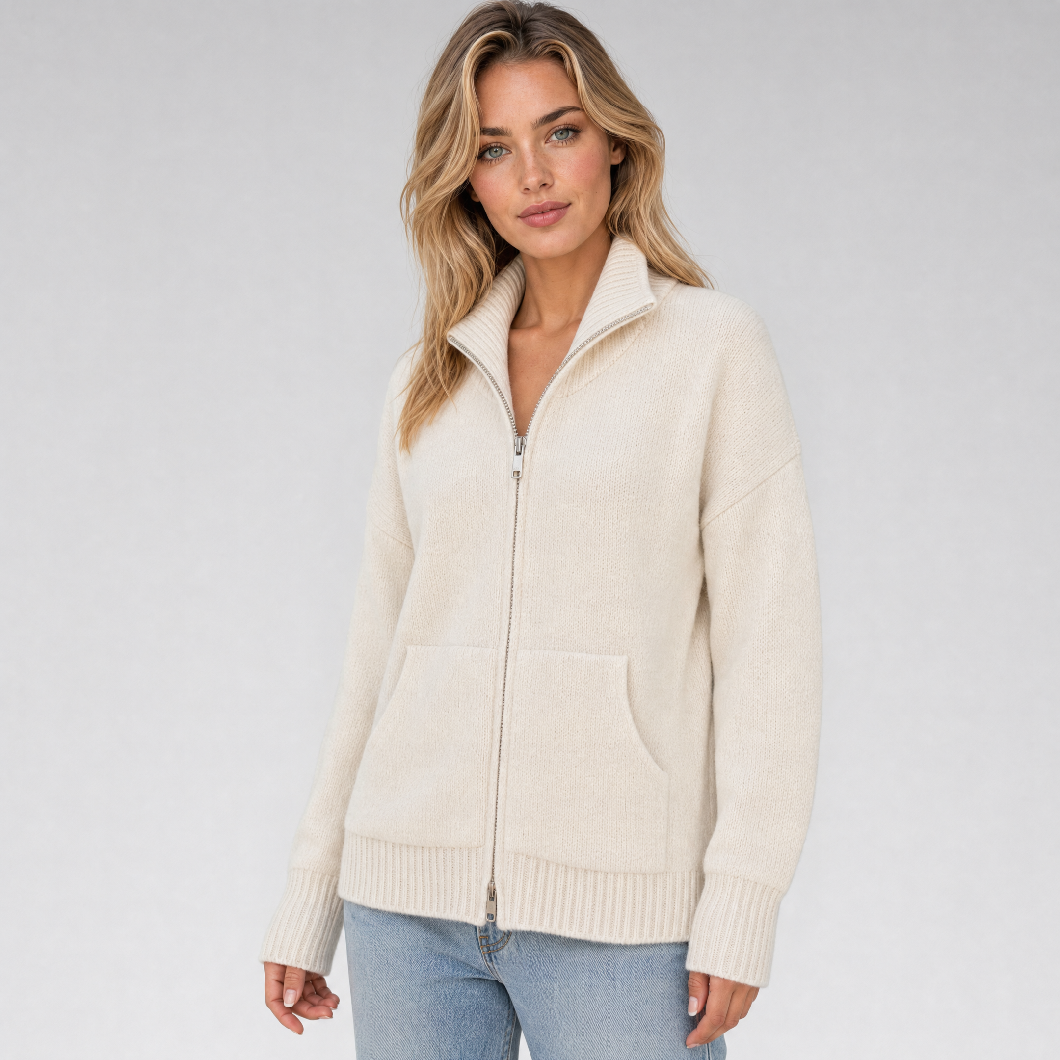 Womens Knitted Jumper – High Neck Zip Up Cardigan