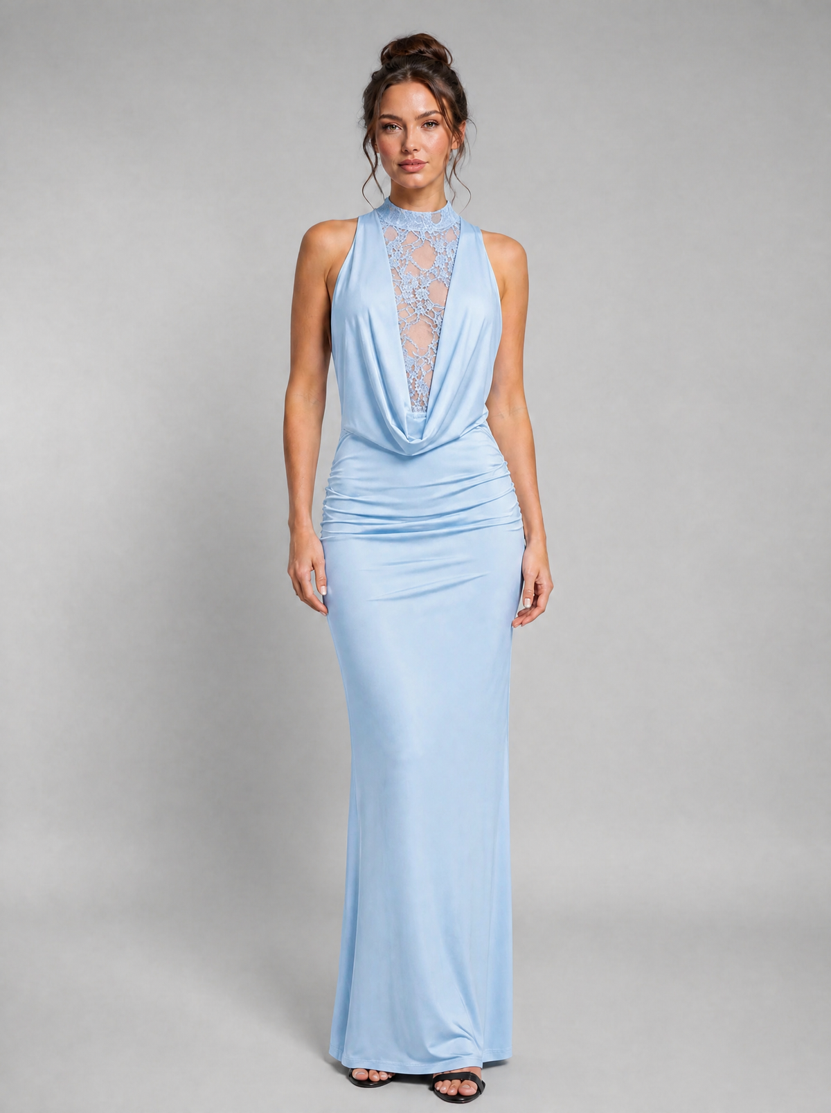 Women's Lace Chiffon Cowl Neck Evening Maxi Dress - Blue colour view