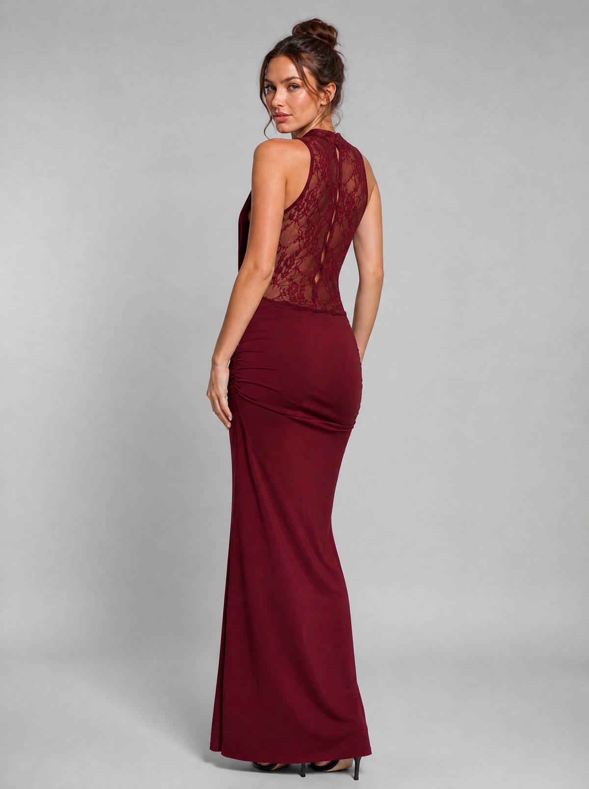 Women's Lace Chiffon Cowl Neck Evening Maxi Dress - product view 3