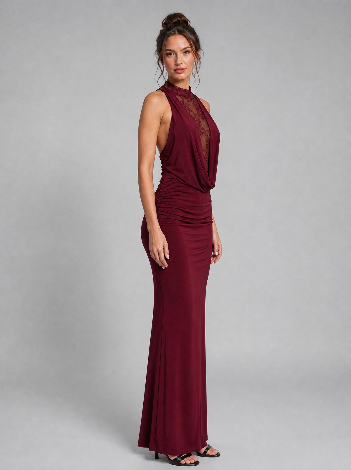 Women's Lace Chiffon Cowl Neck Evening Maxi Dress - product view 2