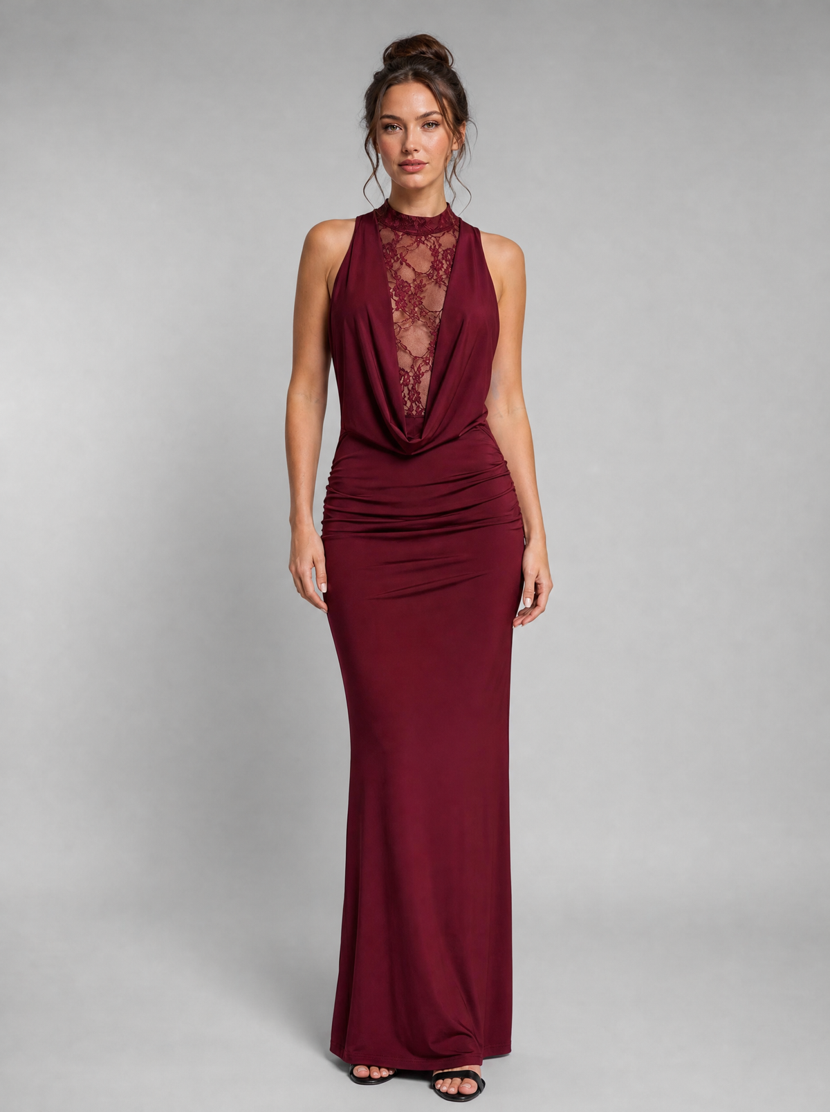 Women's Lace Chiffon Cowl Neck Evening Maxi Dress - Red colour view
