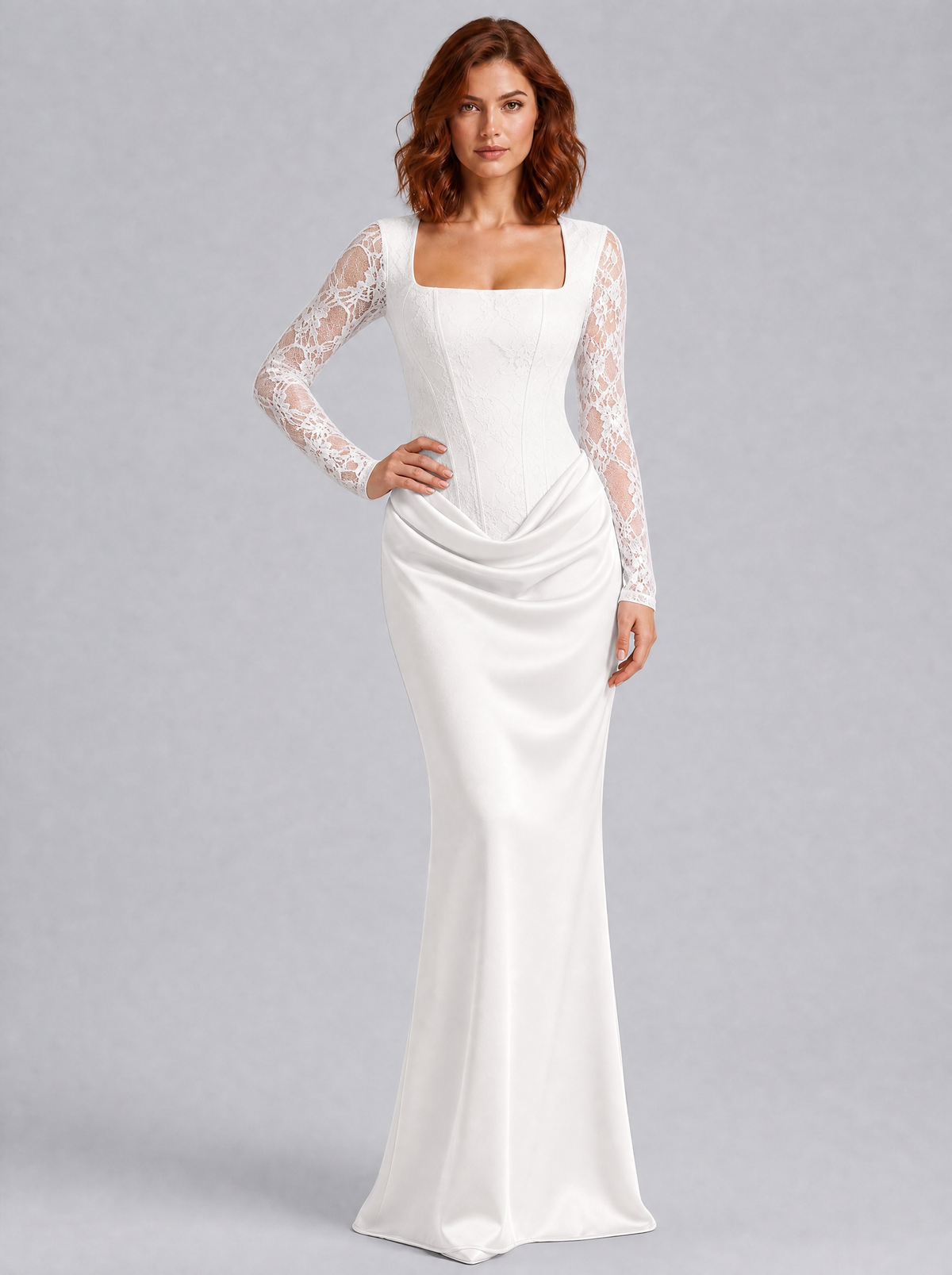 Women's Lace Satin Corset Square Neck Evening Maxi Dress - White colour view