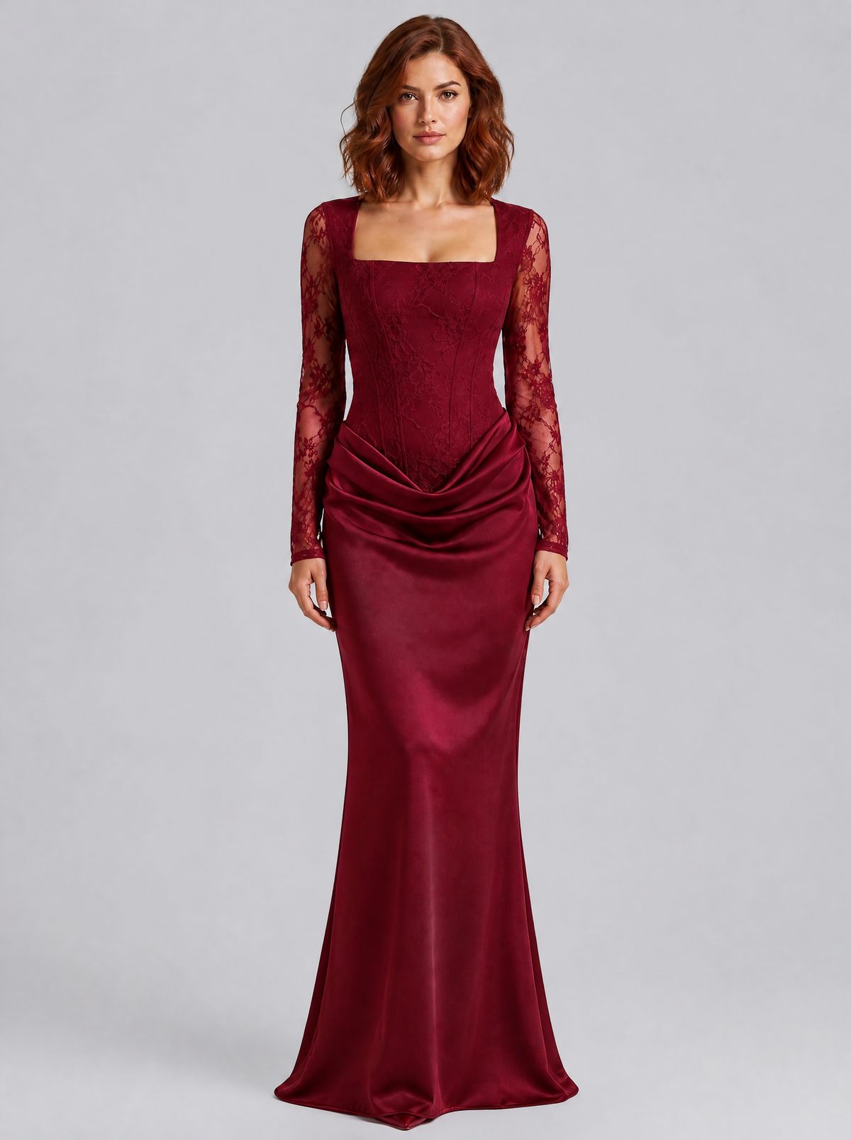 Women's Lace Satin Corset Square Neck Evening Maxi Dress - Red colour view