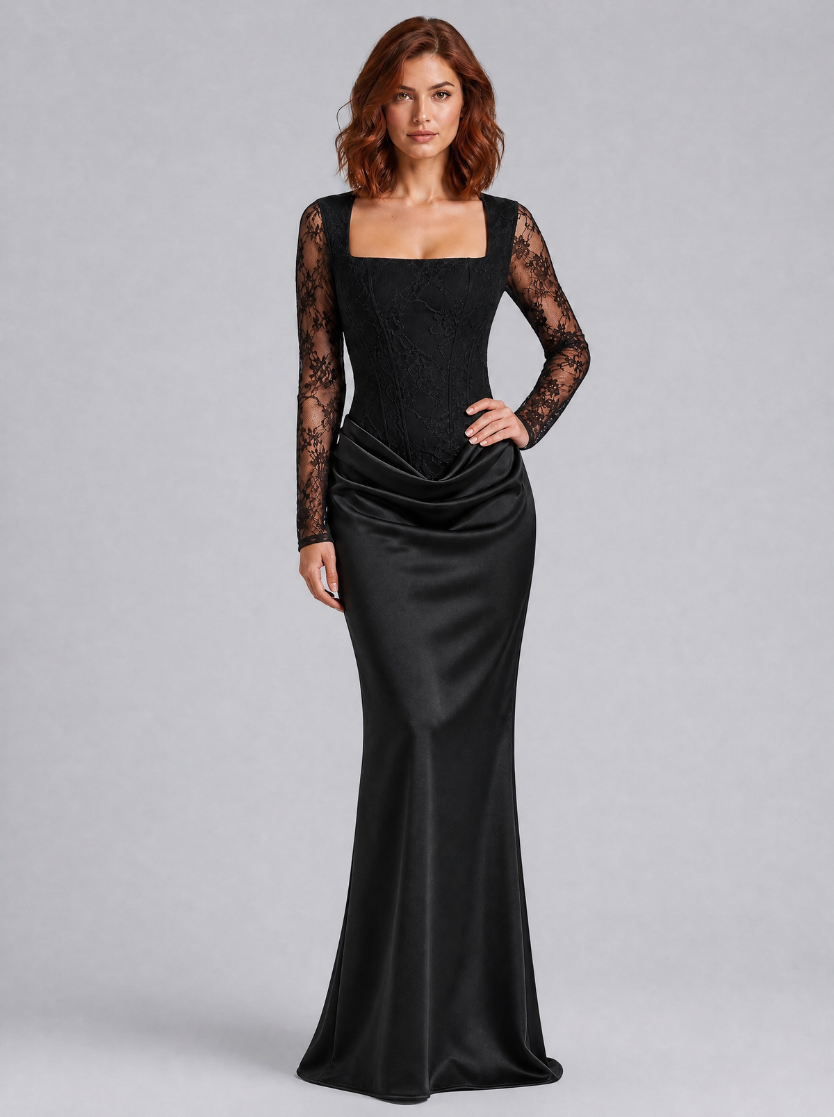 Women's Lace Satin Corset Square Neck Evening Maxi Dress - Black colour view