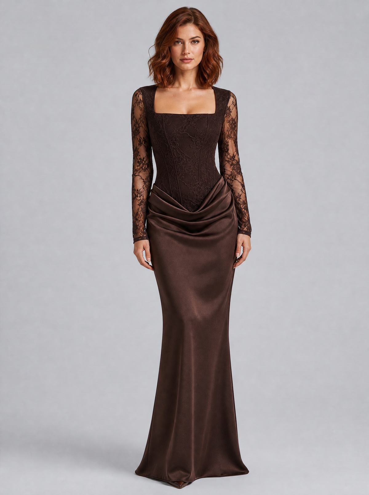 Women's Lace Satin Corset Square Neck Evening Maxi Dress - Brown colour view