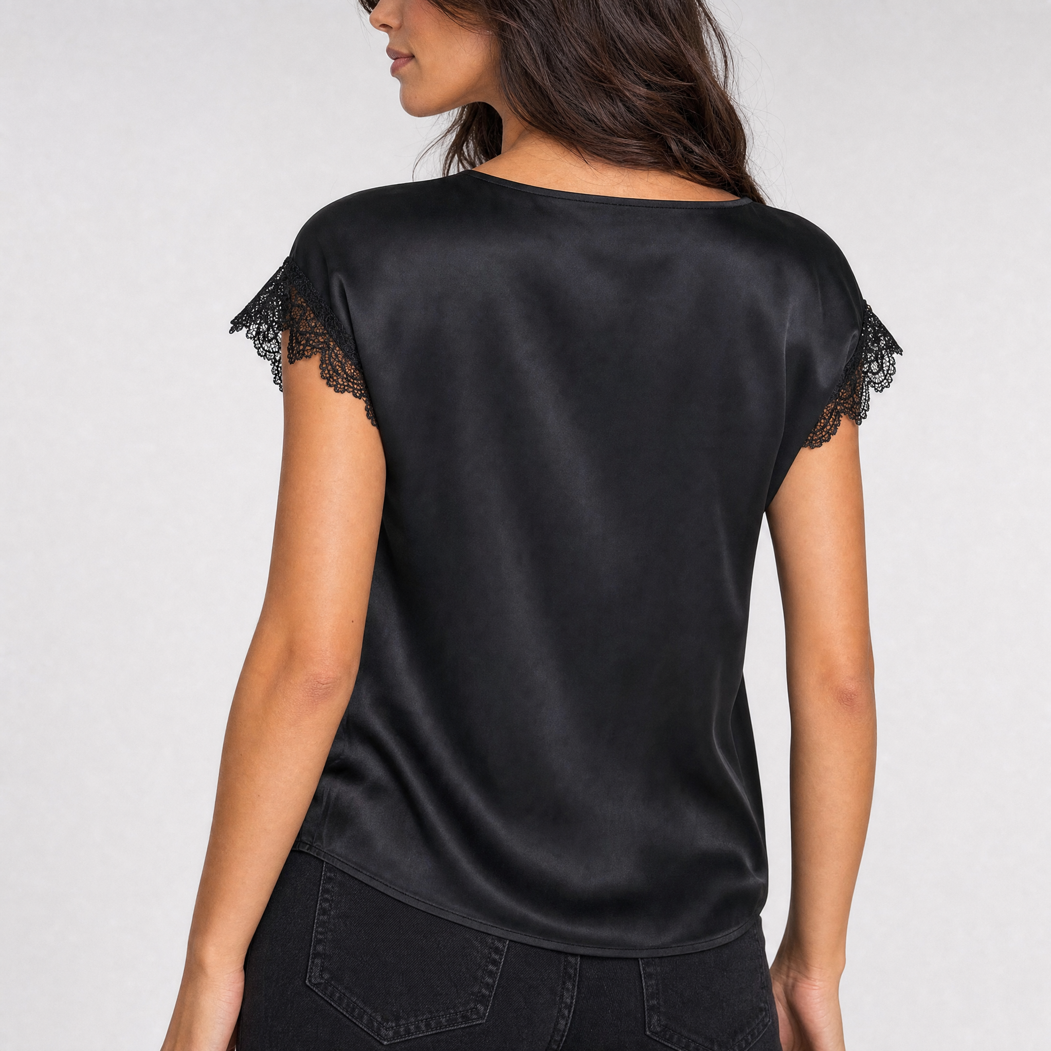Women's Lace Trim Satin Blouse – V-Neck Short Sleeve Going Out Tops