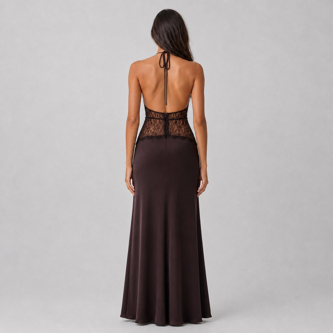 Women's Lace Trim Satin Slip Maxi Dress – Elegant Evening Dress