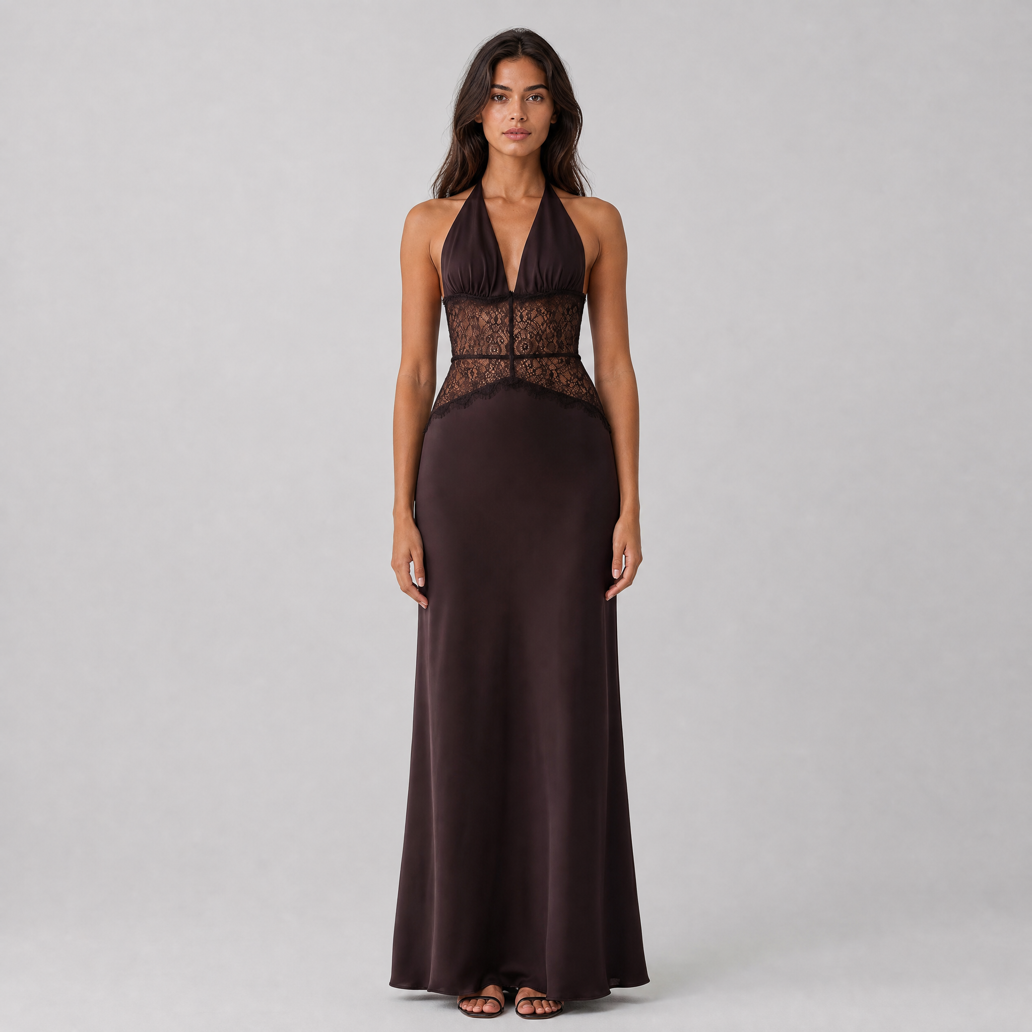 Women's Lace Trim Satin Slip Maxi Dress – Elegant Evening Dress