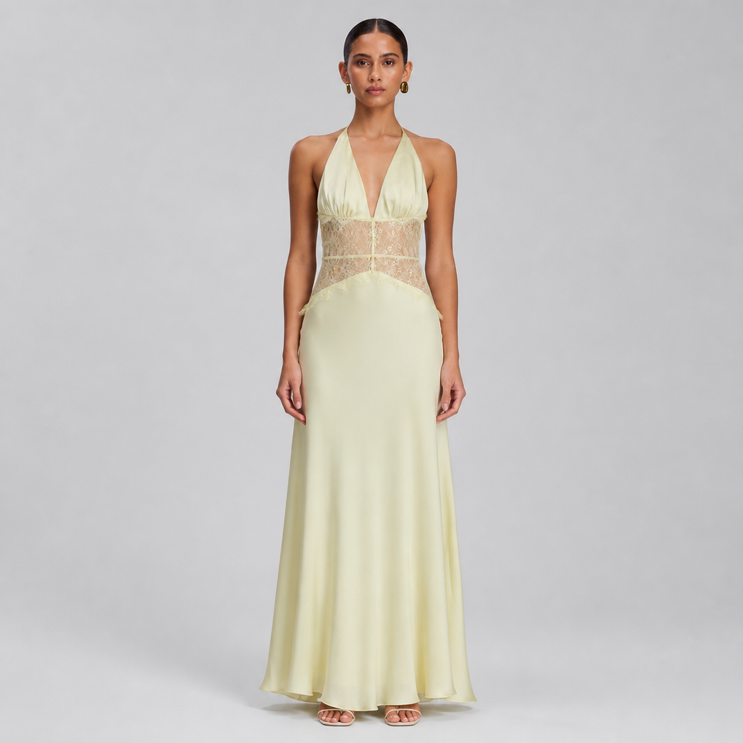 Women's Lace Trim Satin Slip Maxi Dress – Elegant Evening Dress