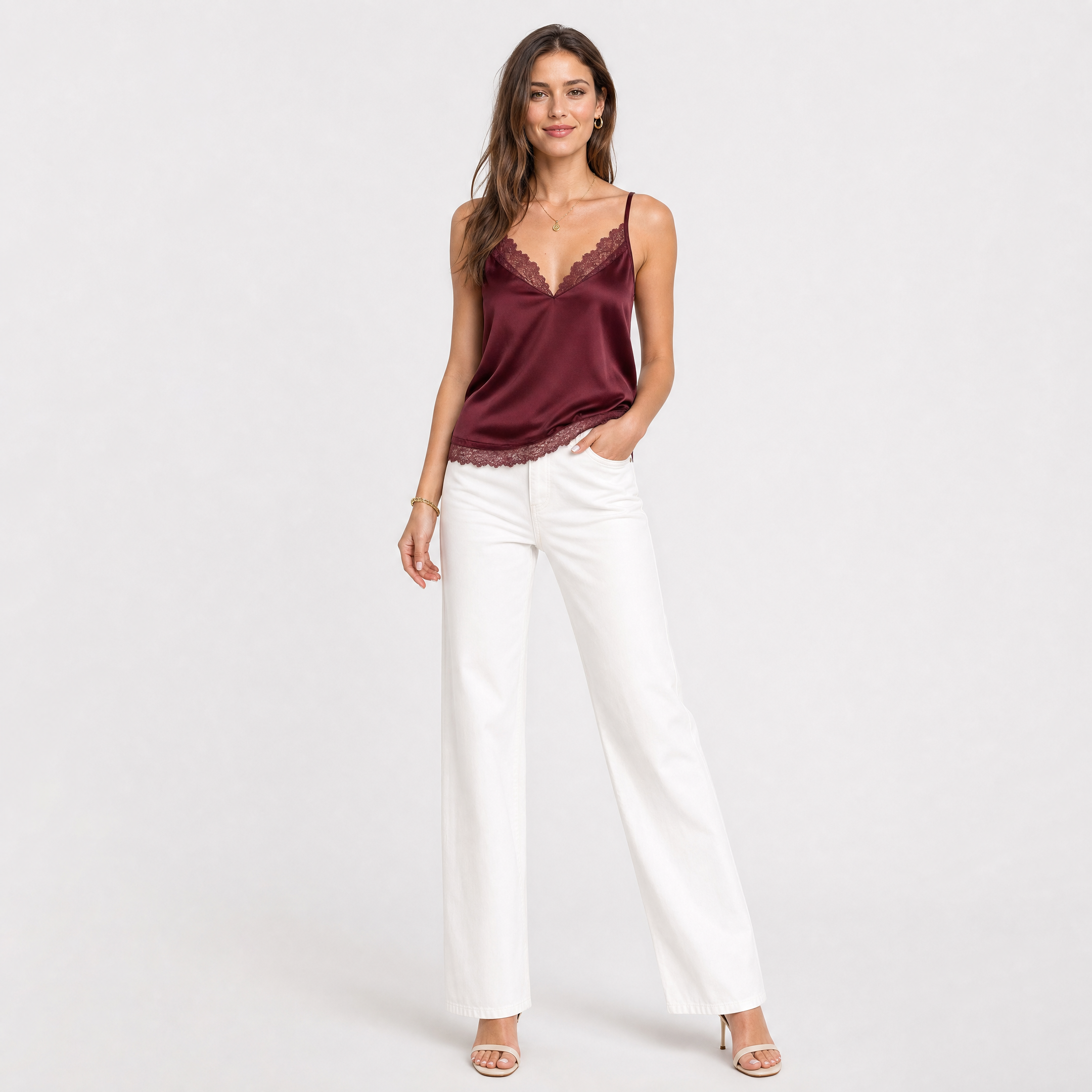 Women's Lace Trim Satin Top – Sleeveless Going Out Tops