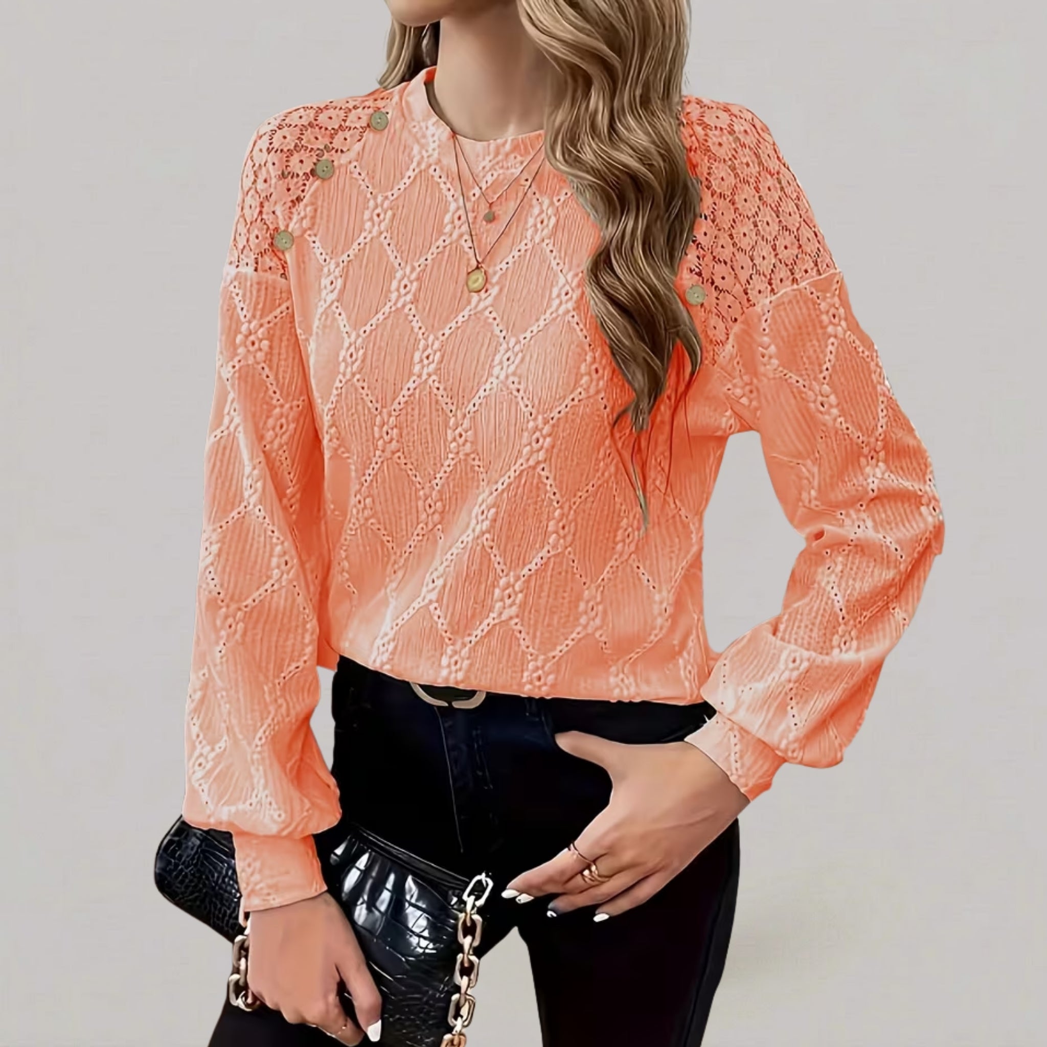 Women’s Lattice-Patterned T-Shirt with Button Detail