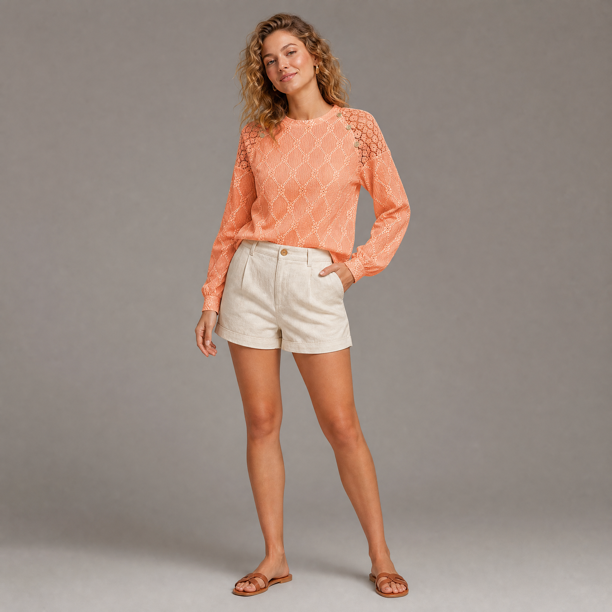 Women’s Lattice-Patterned T-Shirt with Button Detail