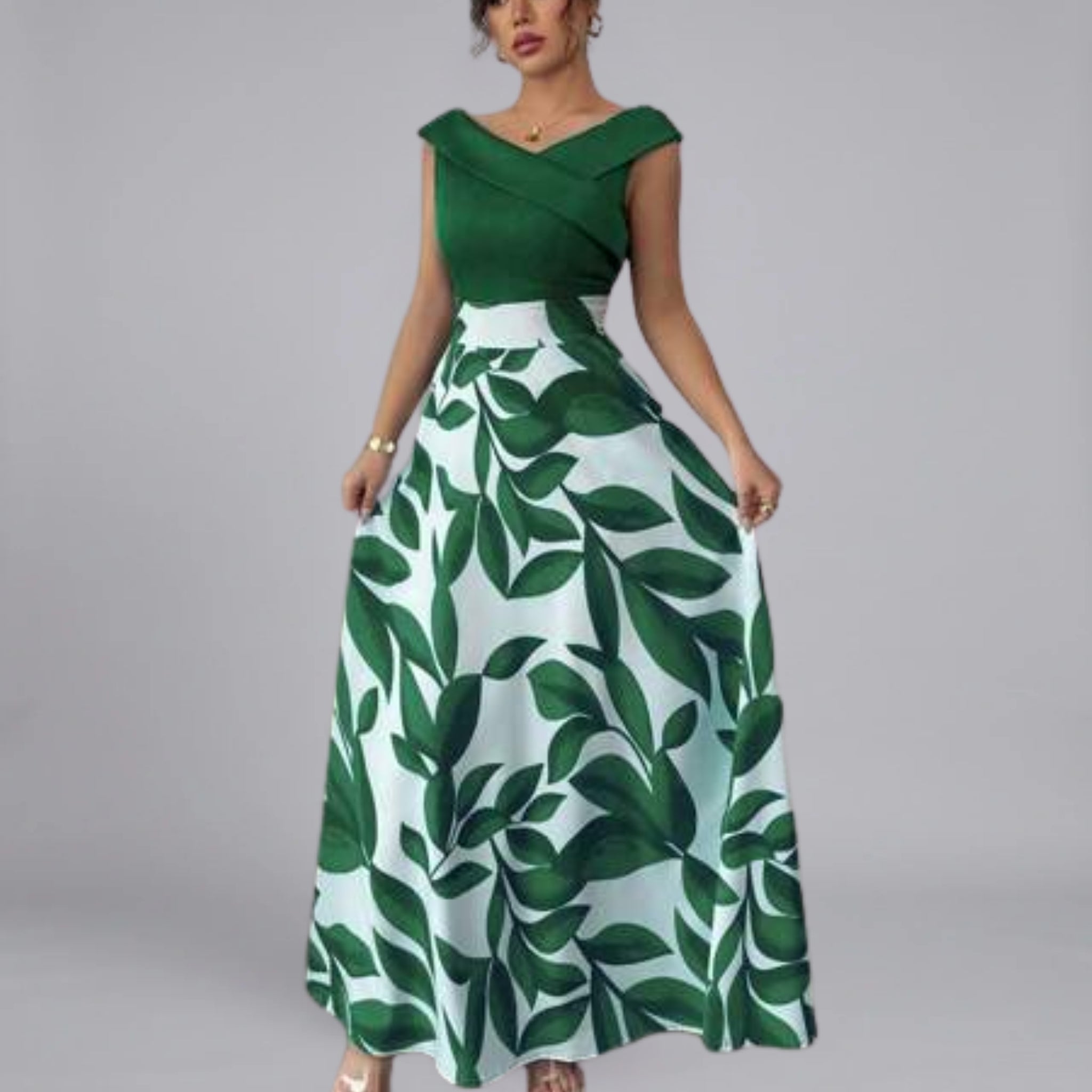 Women’s Leaf-Print Wedding Guest Maxi Dress