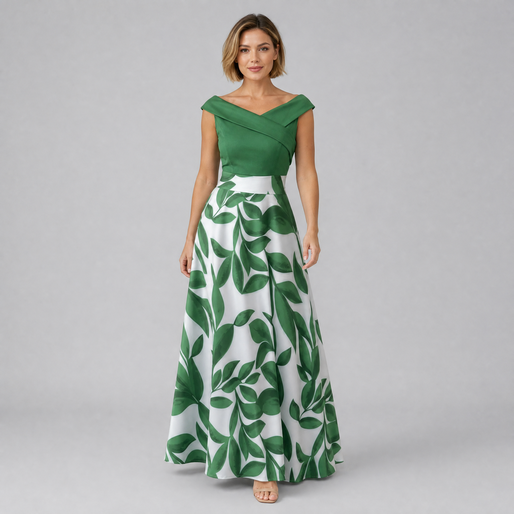 Women’s Leaf-Print Wedding Guest Maxi Dress