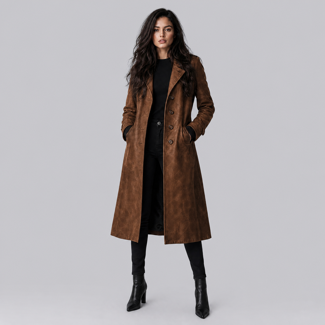 Women's Leather Look Single Breasted Long Coat Tailored Fit