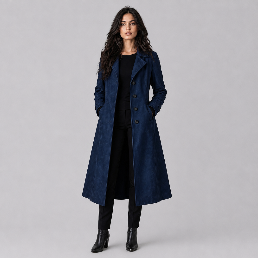 Women's Leather Look Single Breasted Long Coat Tailored Fit