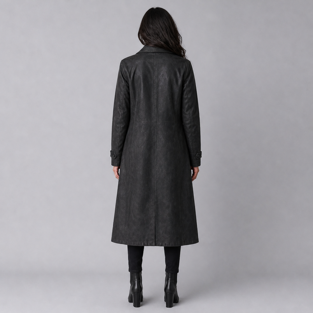 Women's Leather Look Single Breasted Long Coat Tailored Fit