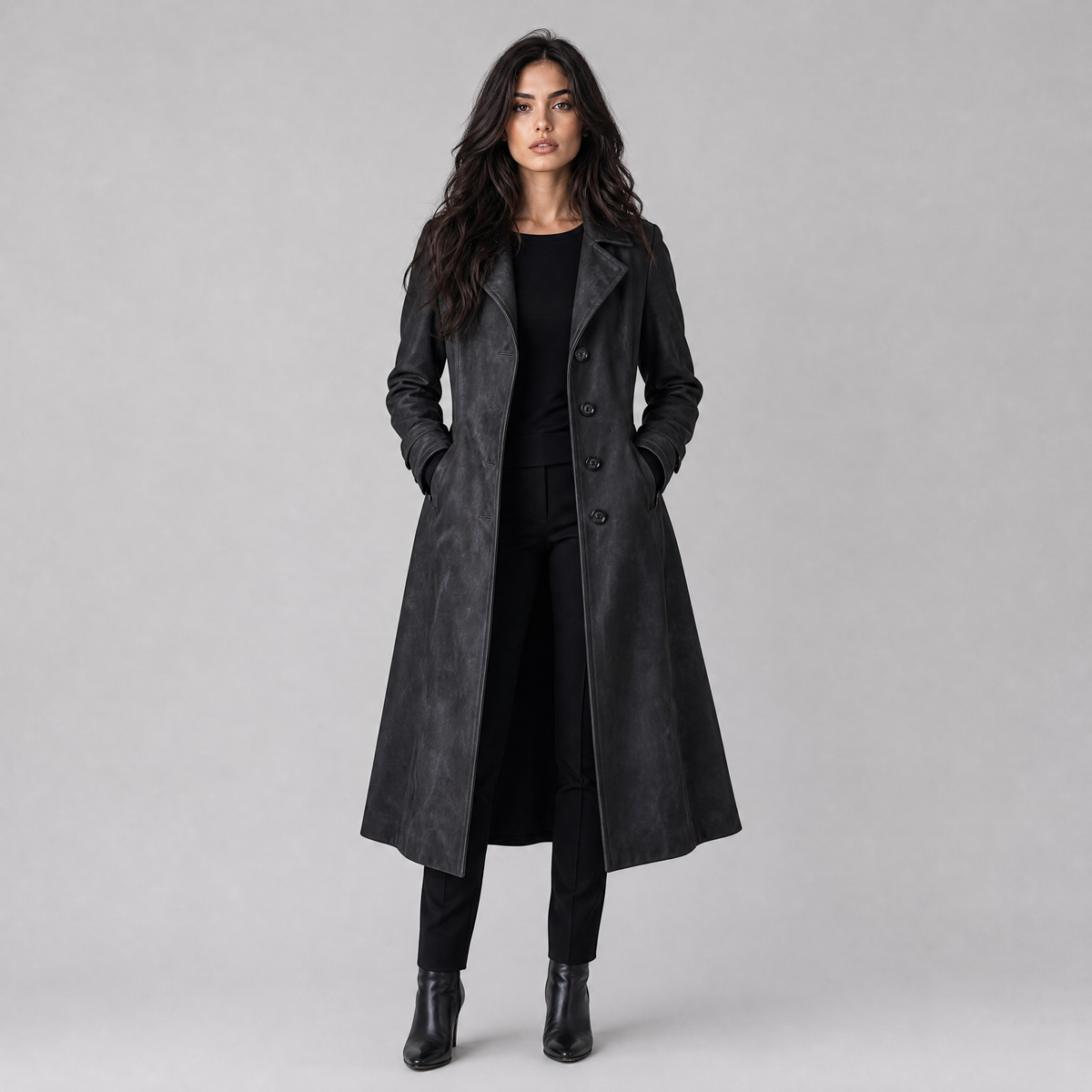 Women's Leather Look Single Breasted Long Coat Tailored Fit