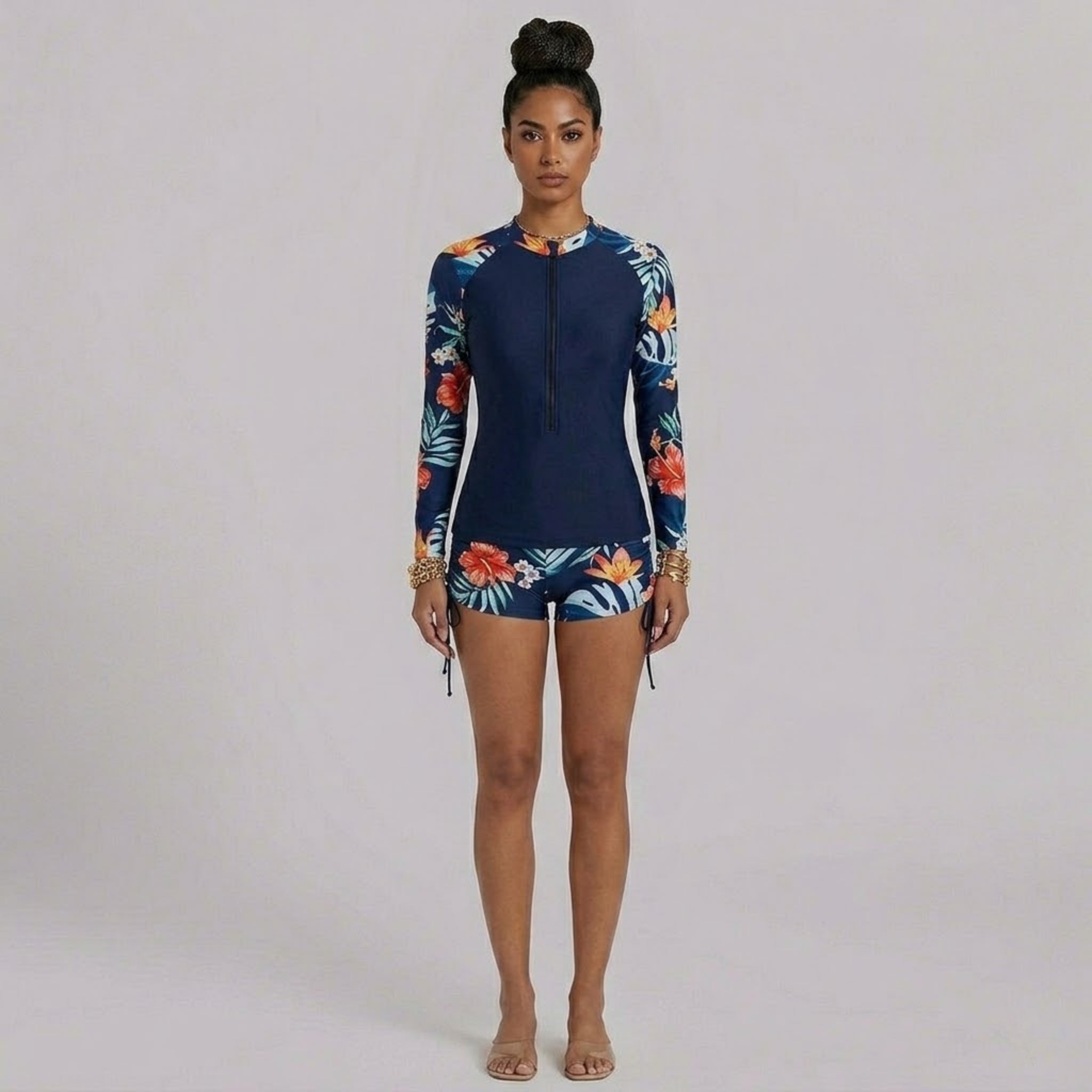Women’s Long-Sleeve Floral Print Two-Piece Swimsuit