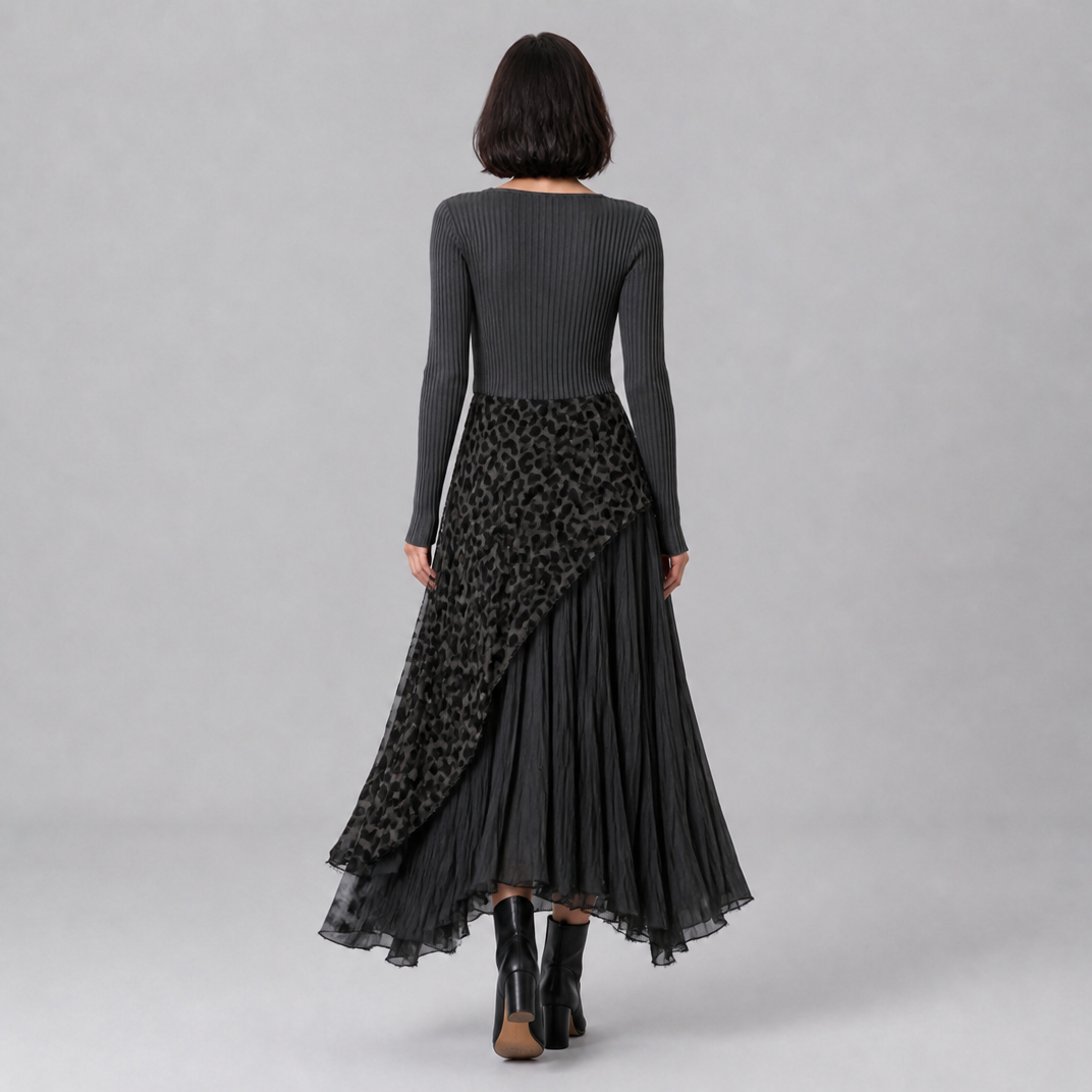 Women’s Long-Sleeve Ribbed-Knit Dress with Leopard-Print Skirt