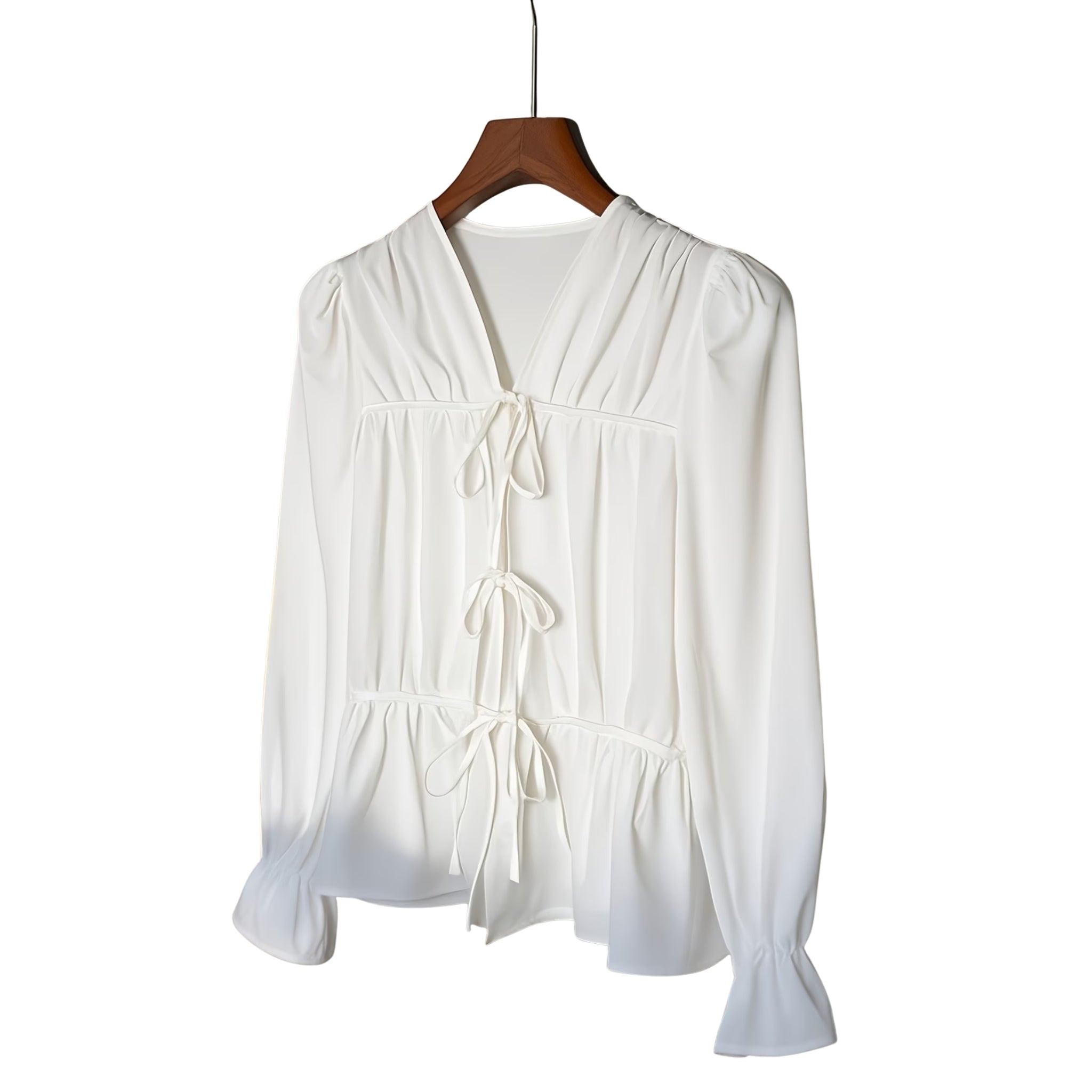 Women’s Long-Sleeve Tie-Front Blouse with Gathered Cuffs