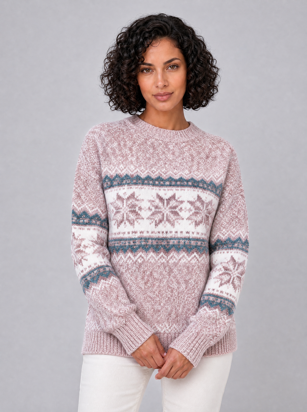 Women's Marl Wool Blend Christmas Fairisle Relaxed Crew Neck Jumper