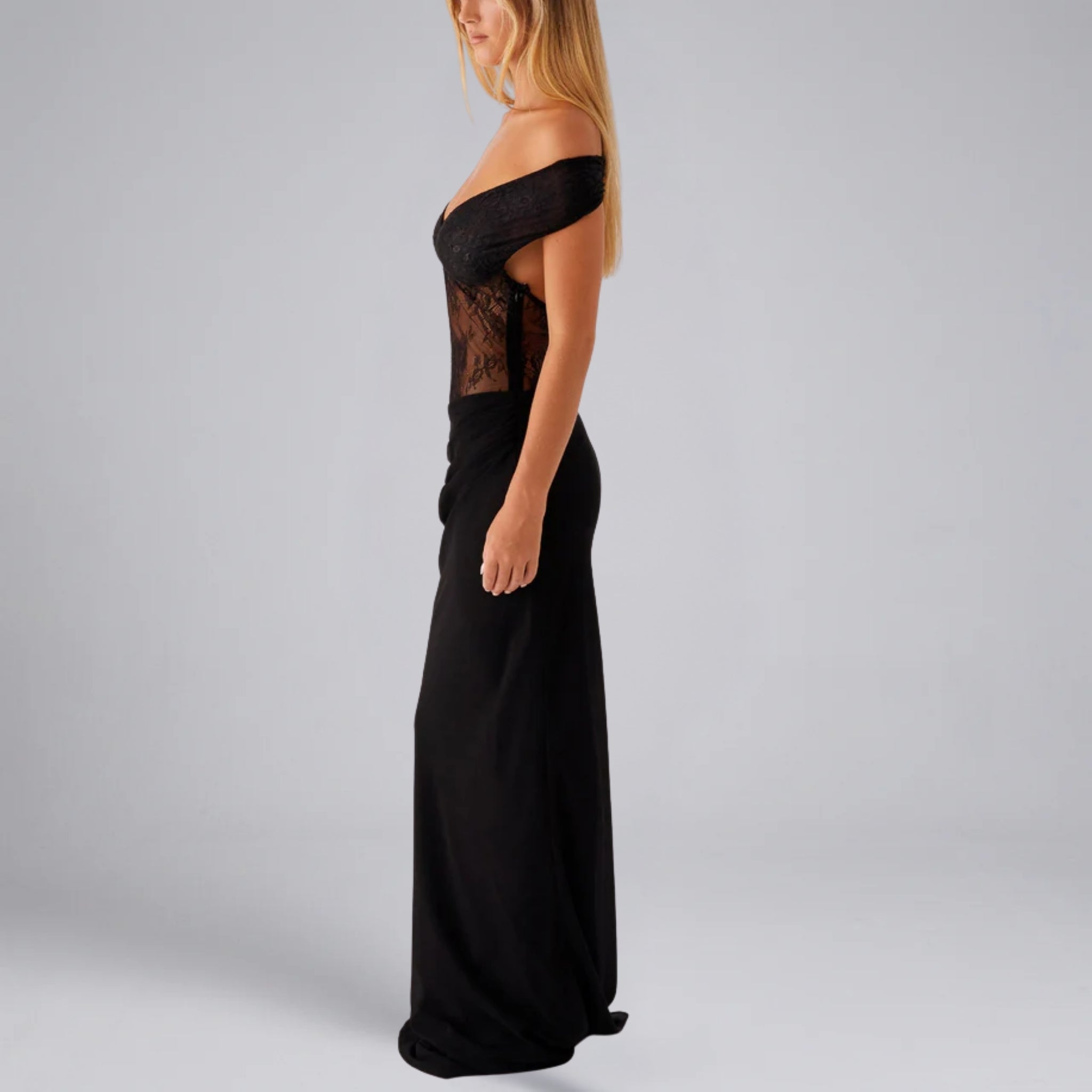 Women’s Off-The-Shoulder Maxi Dress with Sheer Lace Bodice