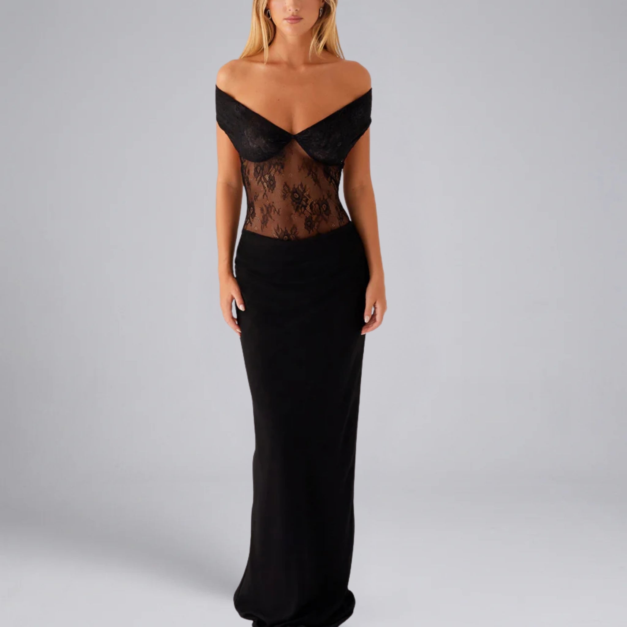 Women’s Off-The-Shoulder Maxi Dress with Sheer Lace Bodice