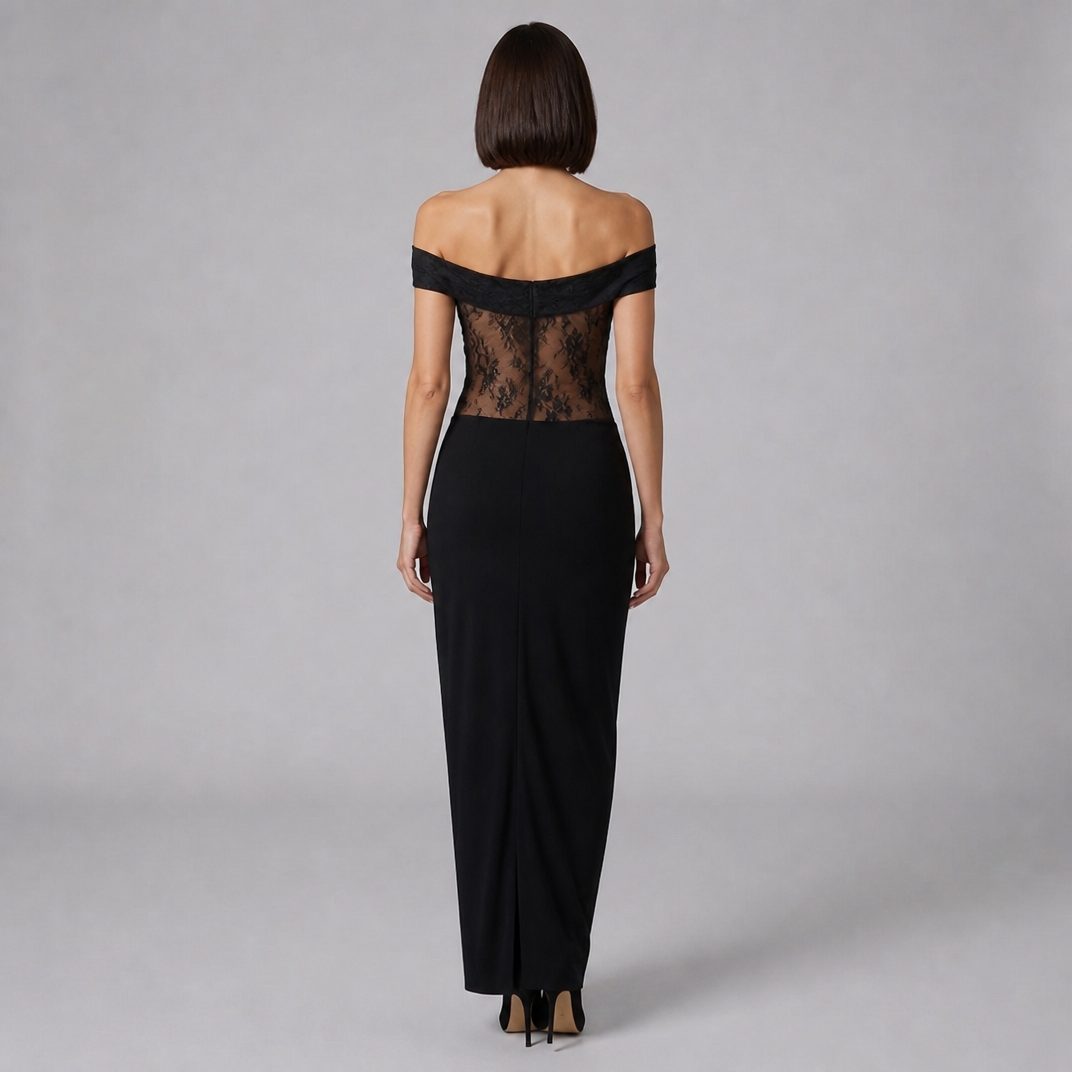 Women’s Off-The-Shoulder Maxi Dress with Sheer Lace Bodice