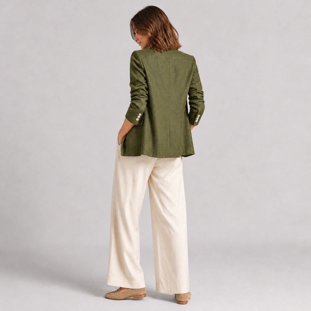 Women's Olive Green Slub Linen Single-Breasted Blazer