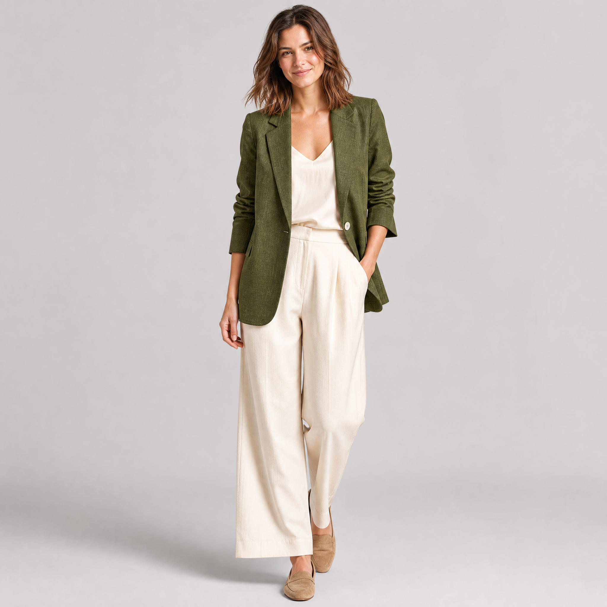 Women's Olive Green Slub Linen Single-Breasted Blazer